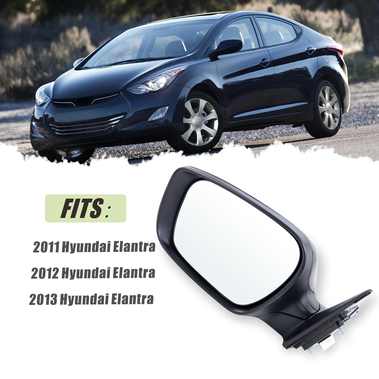 Left Driver Side Mirror Compatible With 2011 2012 2013 Hyundai Elantra With Manual folding Power Glass Heated Black Replace#HY13