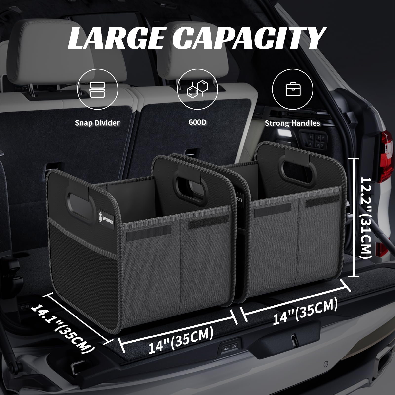 Sposuit Trunk Organizer For Car - Collapsible Split Trunk Storage With Reinforced Handles, Suv Trunk Organizers For Grocery Carg