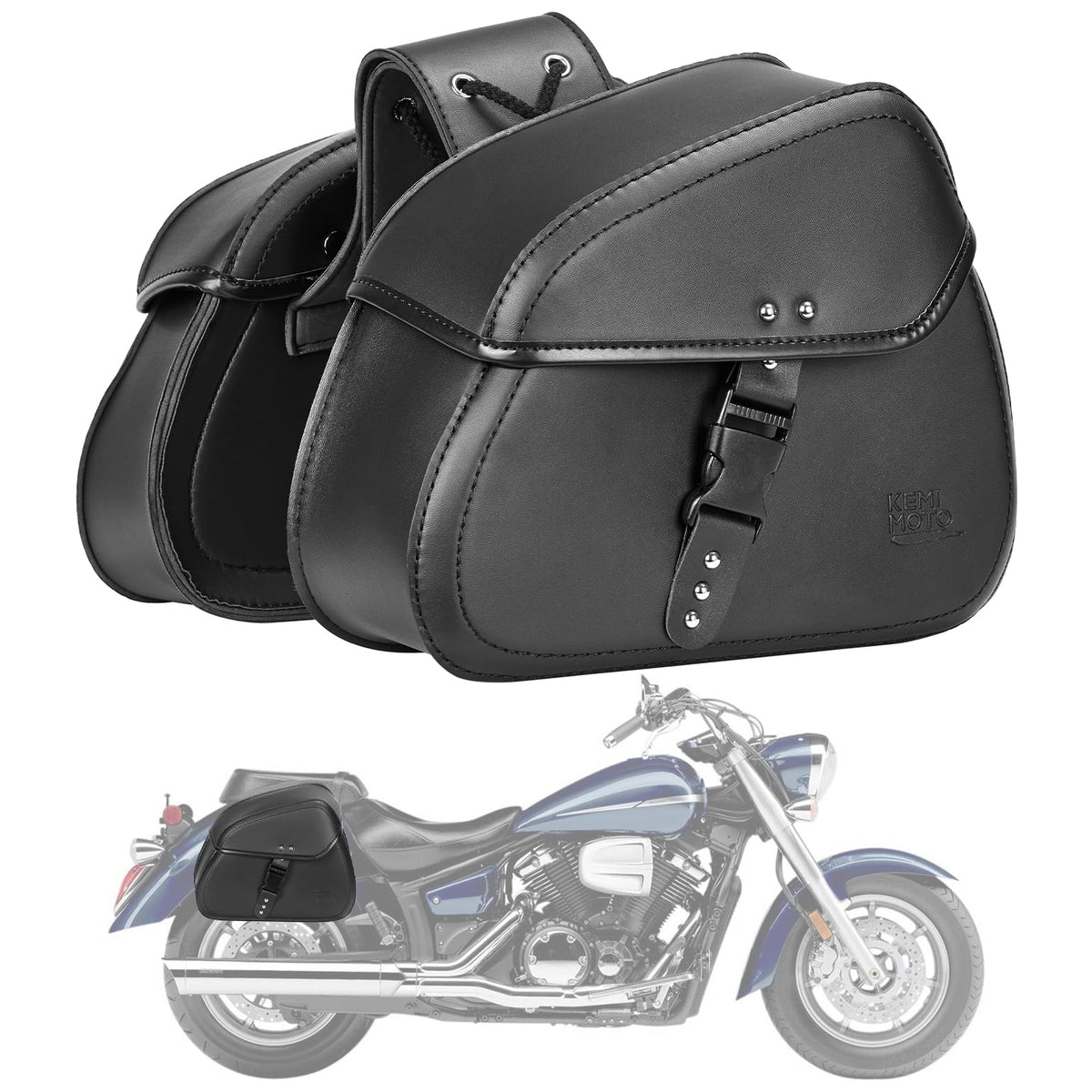 Kemimoto Motorcycle Saddlebags With Buckles, 16L Waterproof Throw Over Saddlebags, Pu Leather Saddlebags For Sportster Softail Dyna V-Star Shadow, Universal Motorcycle Accessories, Black