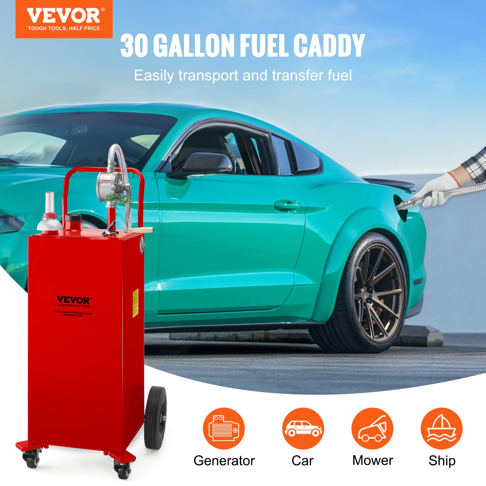 VEVOR 30 Gallon Fuel Caddy, Gas Storage Tank & 4 Wheels, with Manual Transfer Pump, Gasoline Diesel Fuel Container for Cars, Law