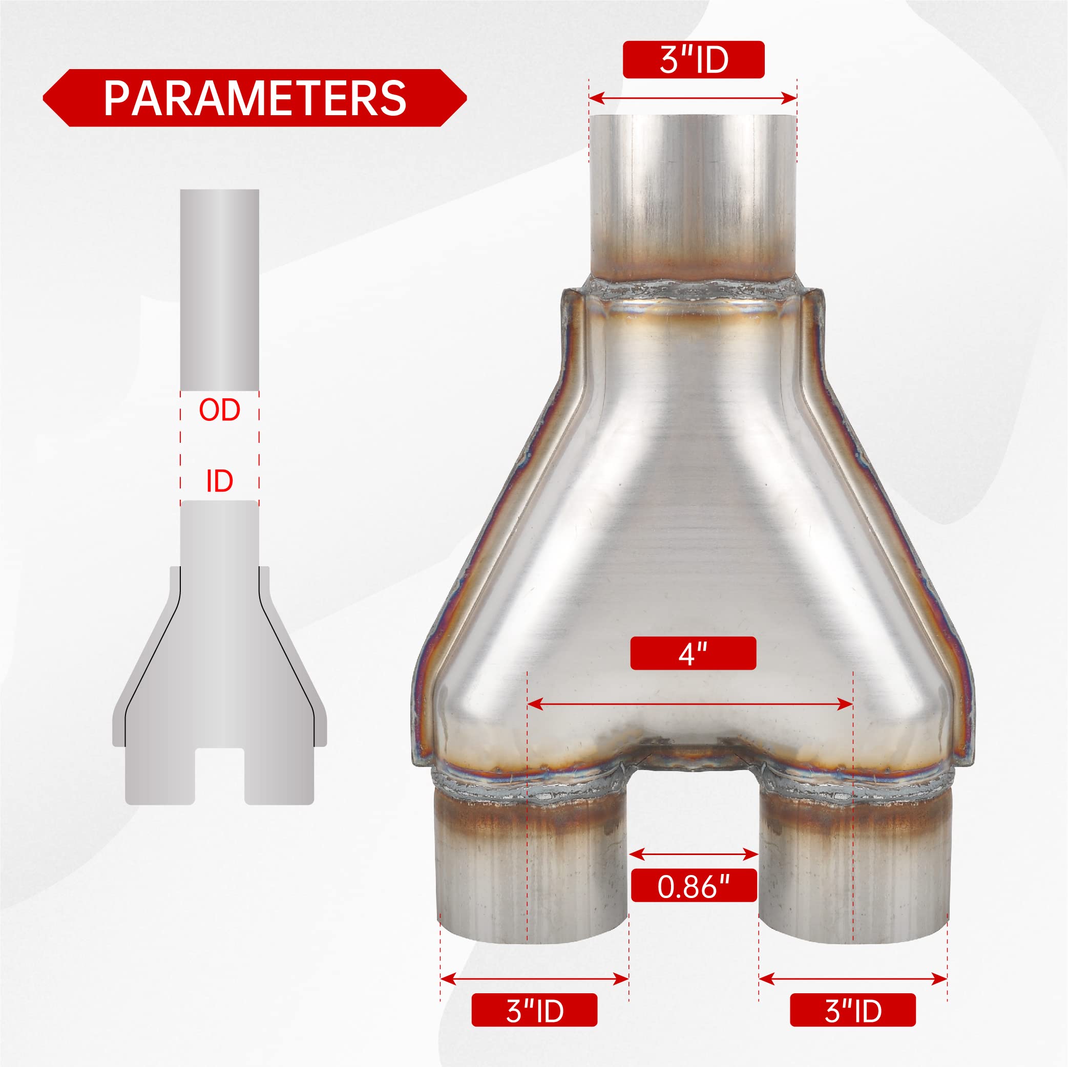 Fgjqefg T409 Stainless Steel Y Pipe 3'' Inch Id Single To 3'' Inch Id Dual Stamped Exhaust Adapter Connector, Overall Length: Approx. 10, Universal