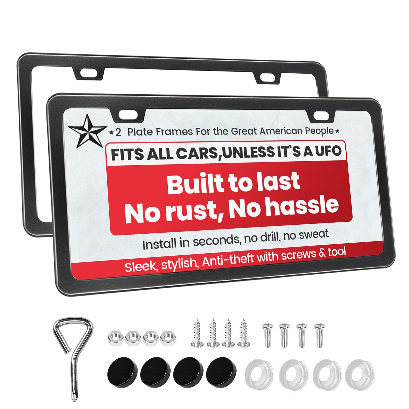 2 Pcs Matte Black License Plate Frames With 2 Holes, Thick-Coated Rust-Proof Aluminum Metal Holder, Includes Screw Caps, Univers
