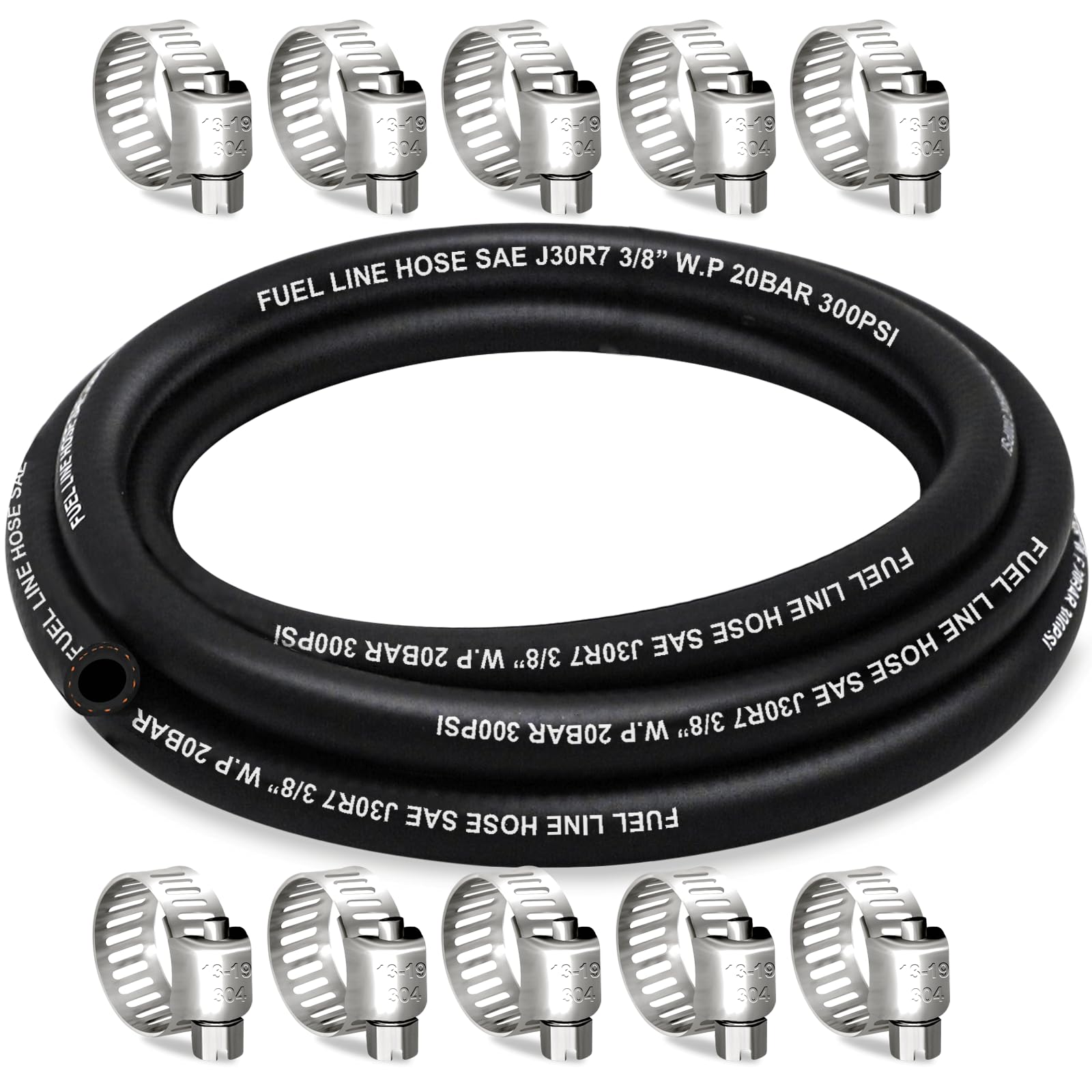 Housun Fuel Line 3/8 Inch Id, Fuel Hose 10Ft, J30R7 Fuel Line Hose Nbr With 10 Clamps.