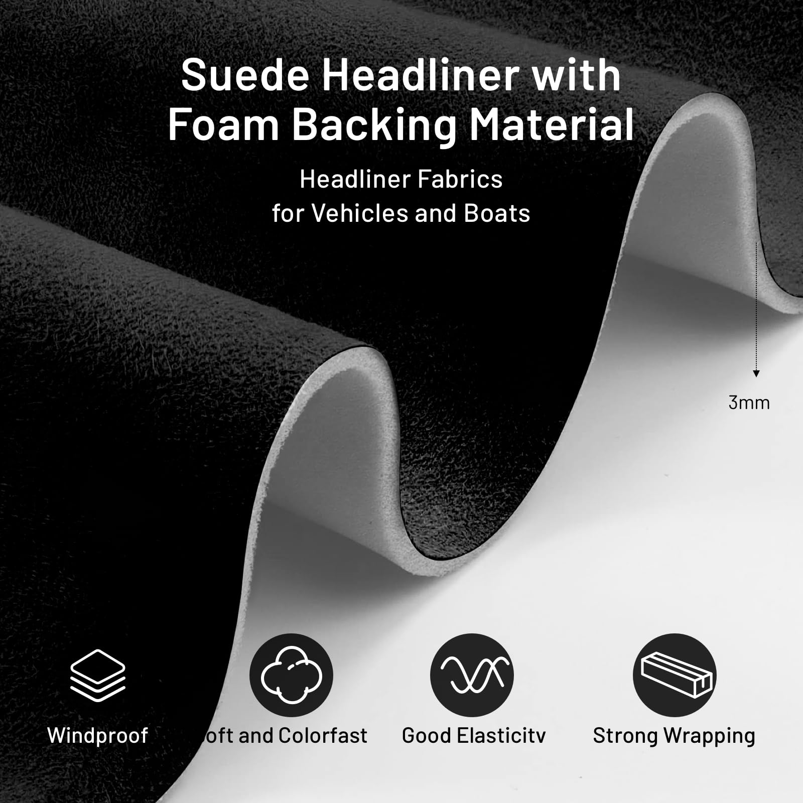 Hiksuky Suede Auto Headliner Fabric 96'' L    60'' W With Foam Backing - Black Interior Replacement Material For Car/Truck/Suv/R