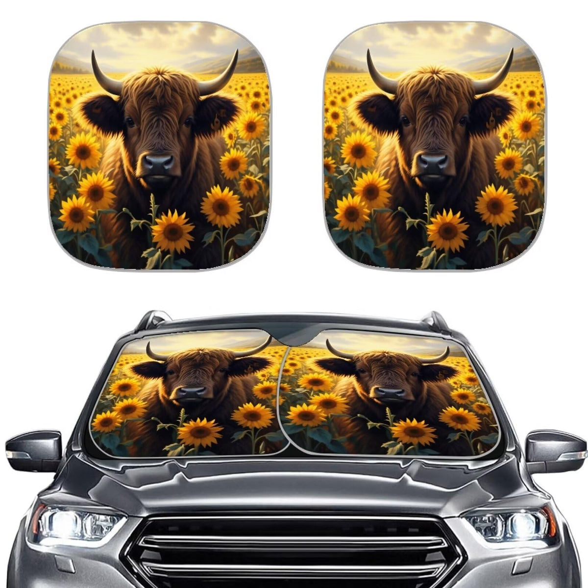 Huisefor Highland Cow Windshield Sun Shade Foldable Sunflower Car Front Window Sunshades 2-Piece Sun Blocker Visor Protector Ref