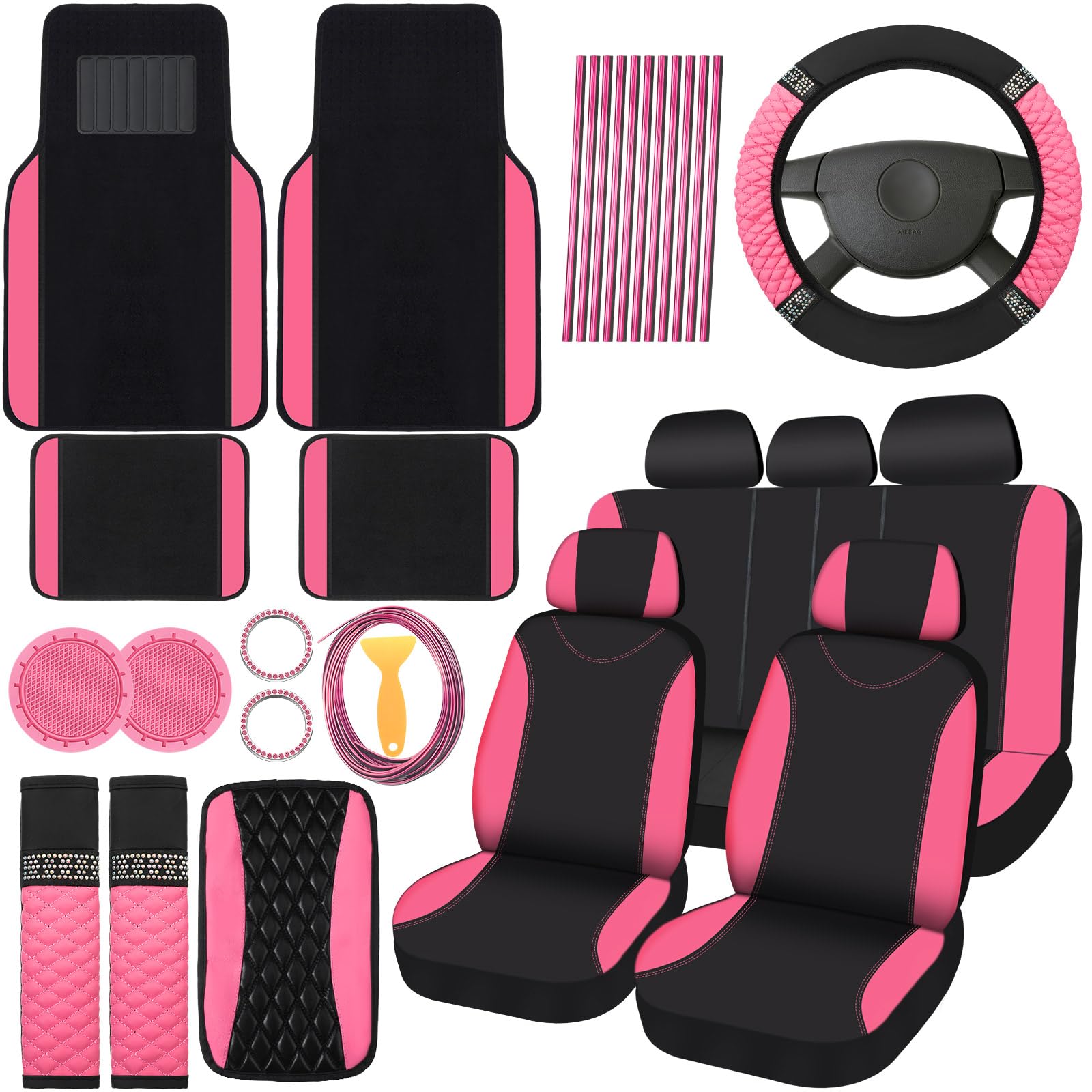 BBTO 43 Pcs Bling Car Accessories Set for Women Front Seats and Rear Bench Polyester Car Seat Protectors Wheel Cover Seat Floor 
