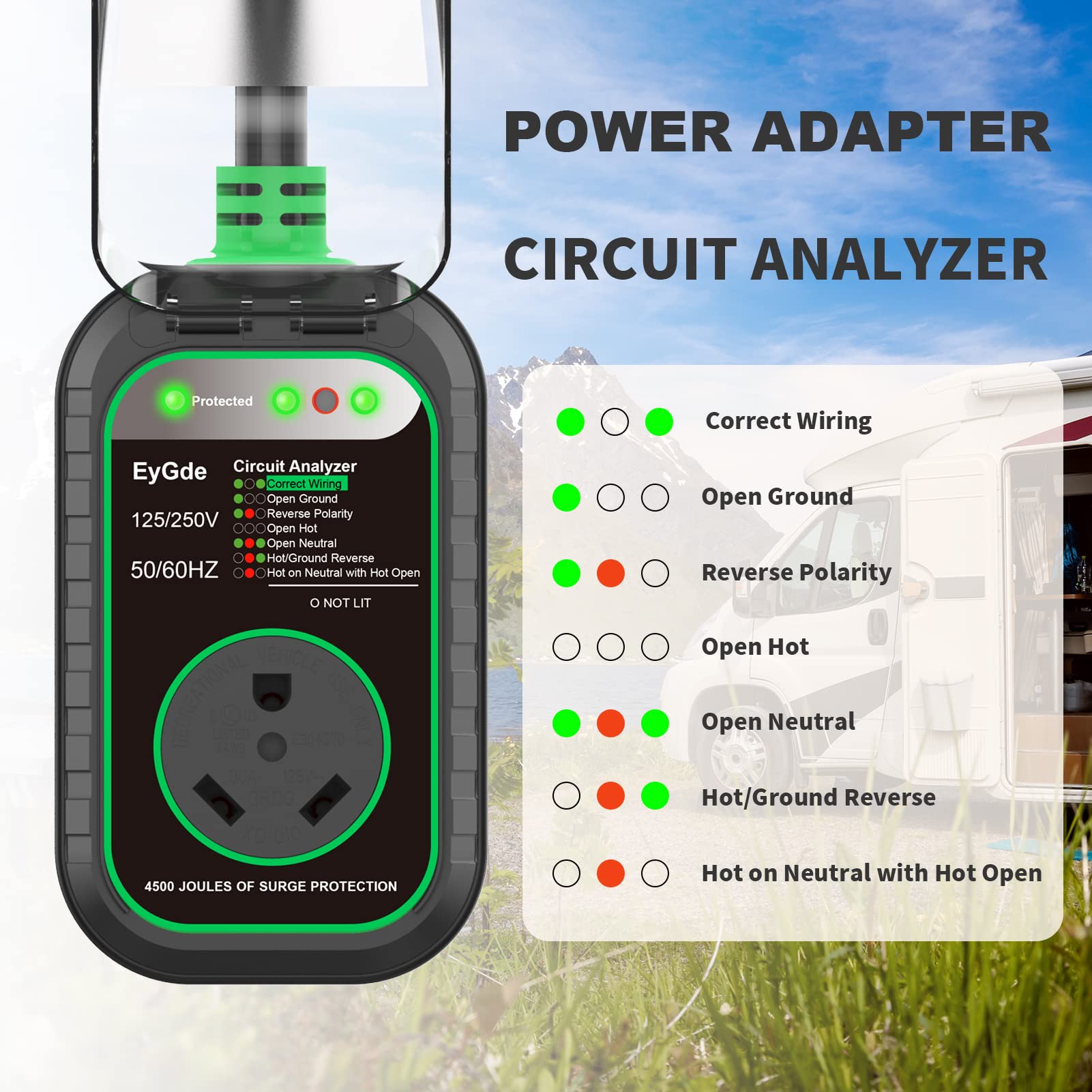 Eygde 4 Prong To 30 Amp Rv Generator Adapter, Patented Nema L14-30P Twist Lock Male Plug To Tt-30R Female Adapter With Surge, With Circuit Analyzer Led Indicator For Generator To Rv Trailer Camper