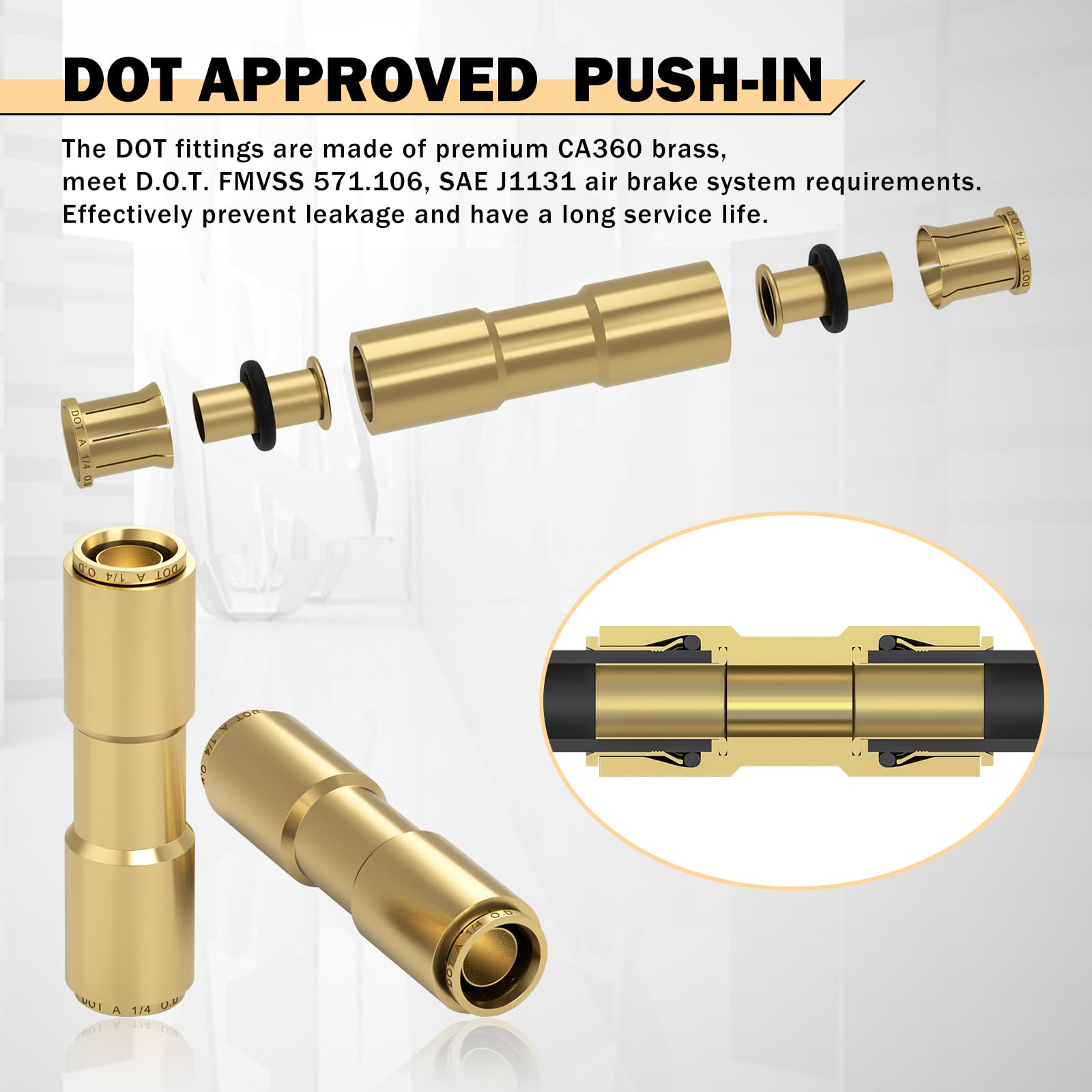 Cheemuii 6 Pcs 1/4 Brass Dot Air Line Fitting Straight Union Quick Connect Fittings 1/4 Air Hose Dot Air Fittings For Semi Truck