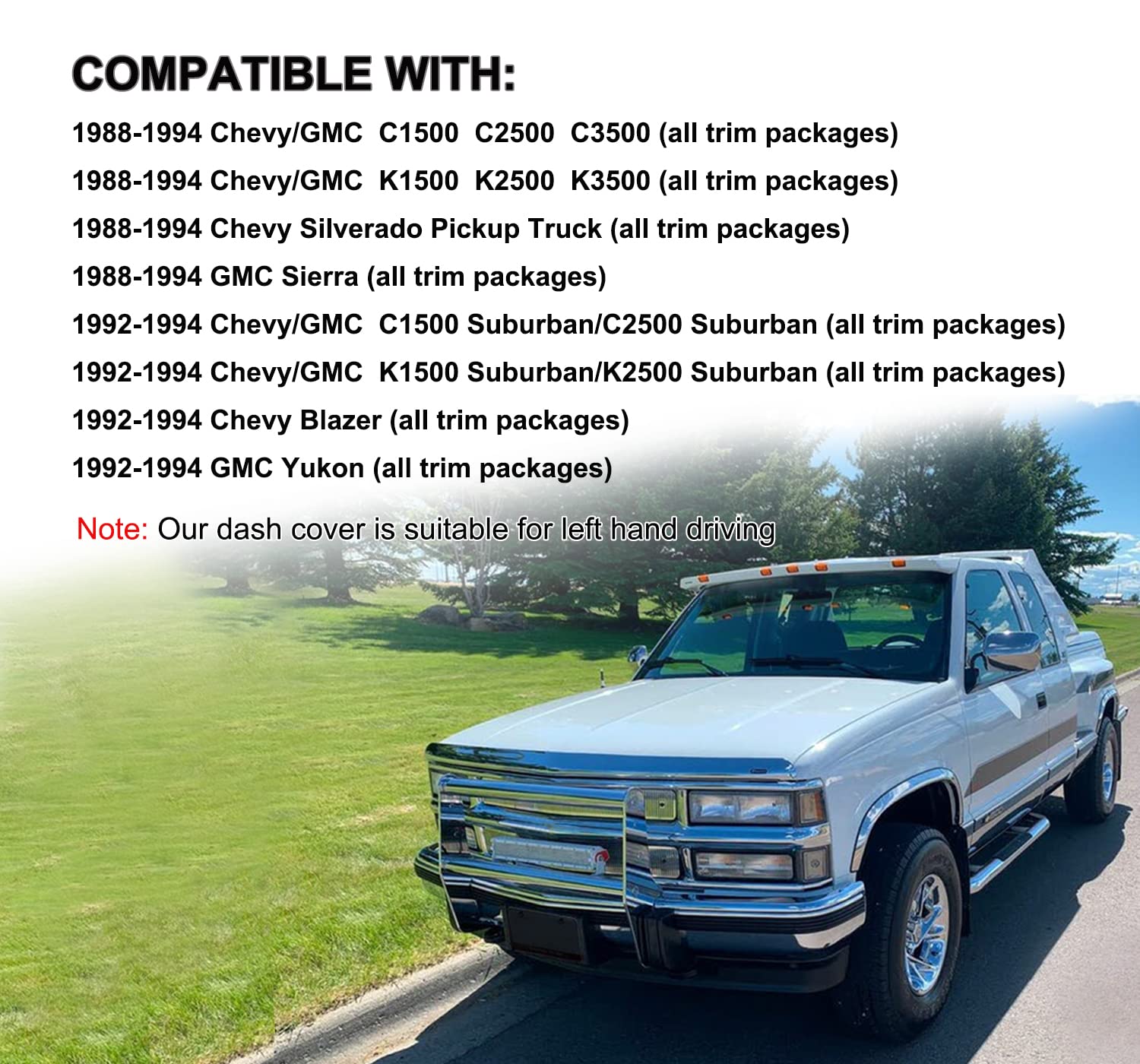 Yiz Dash Cover Mat Fit For Chevy Chevrolet Silverado/Gmc Sierra C1500 C2500 C3500 K1500 K2500 K3500 Pickup Truck 1988-1994, 1992