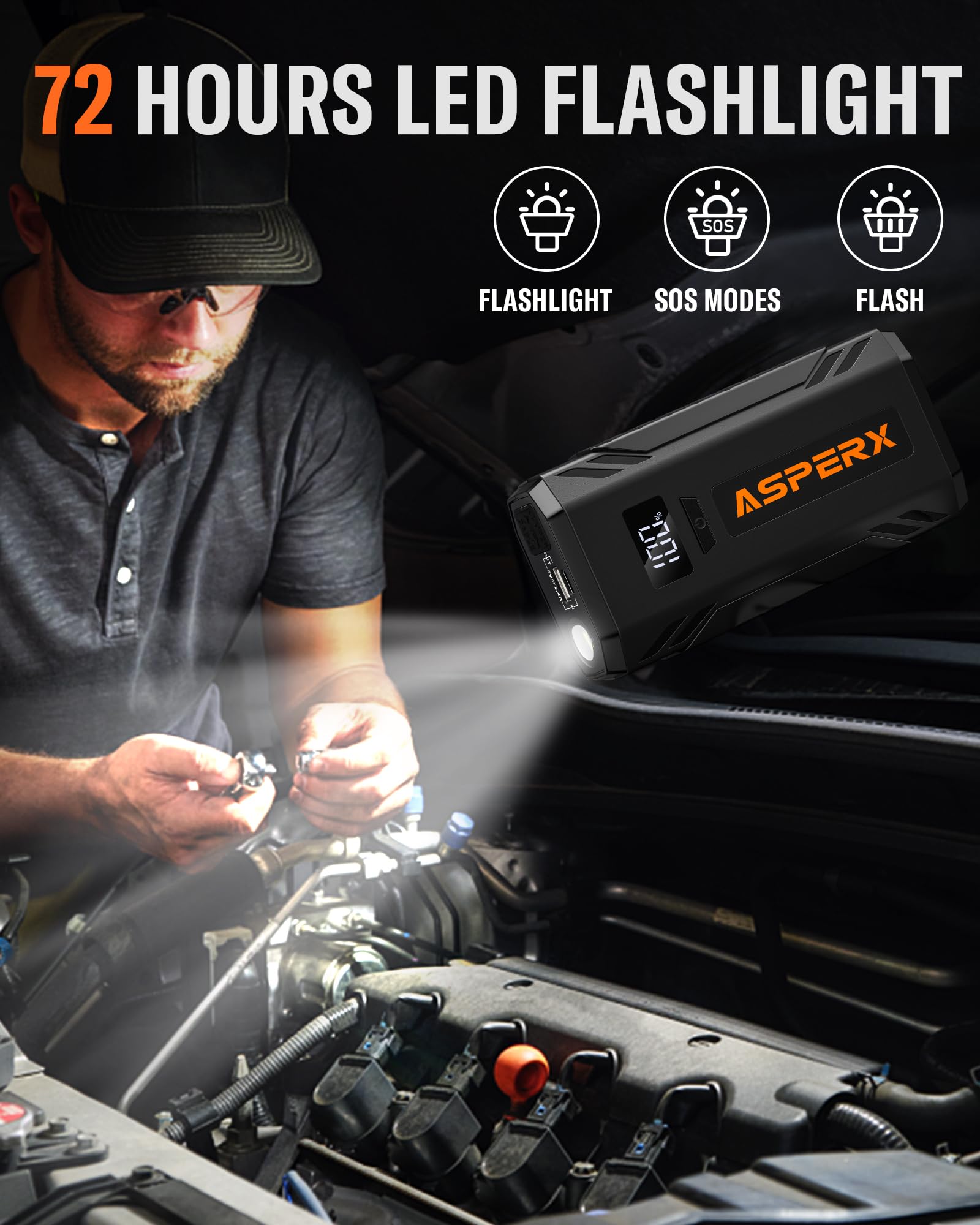 Asperx Jump Starter, 2000A Peak Car Battery Jump Starter For Up To 8.0L Gas Or 6.5L Diesel Engine, 12V Portable Car Battery Boos