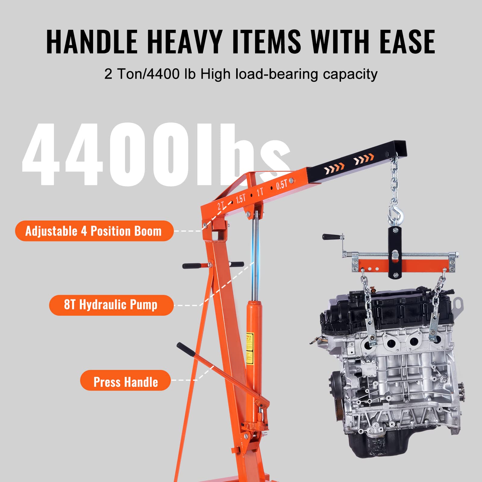Vevor Engine Hoist With Lever, 2 Ton Folding Cherry Picker Shop Crane Hoist Lift, Heavy Duty Hydraulic Engine Crane With 6 Casters, Engine Hoist Lever For Engine Lifting Loading (4400 Lbs)