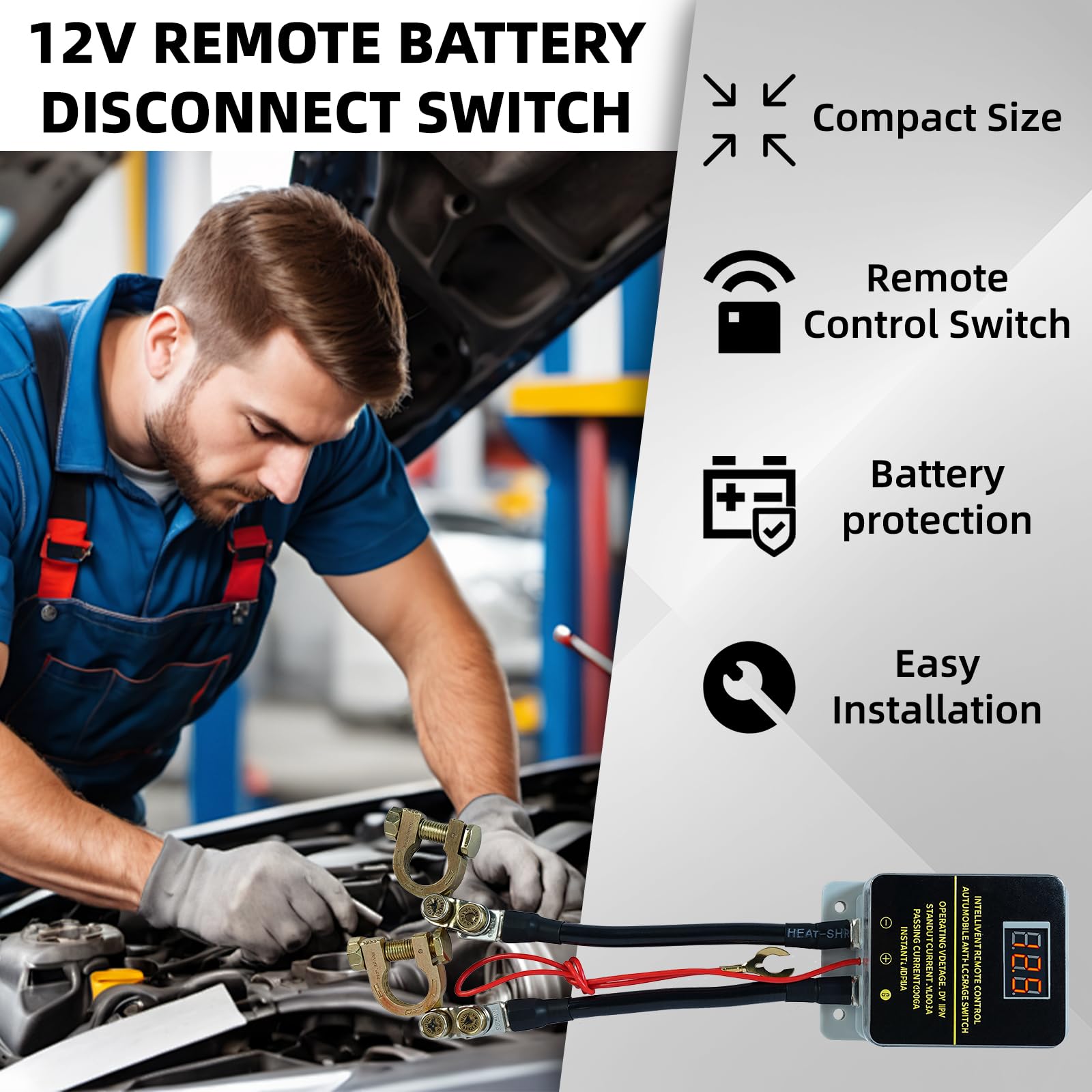 12V 200A Anti Theft Kill Switch for Car Remote Battery Disconnect Switch Smart Voltage Kill Switch Prevent Battery Drain Remote