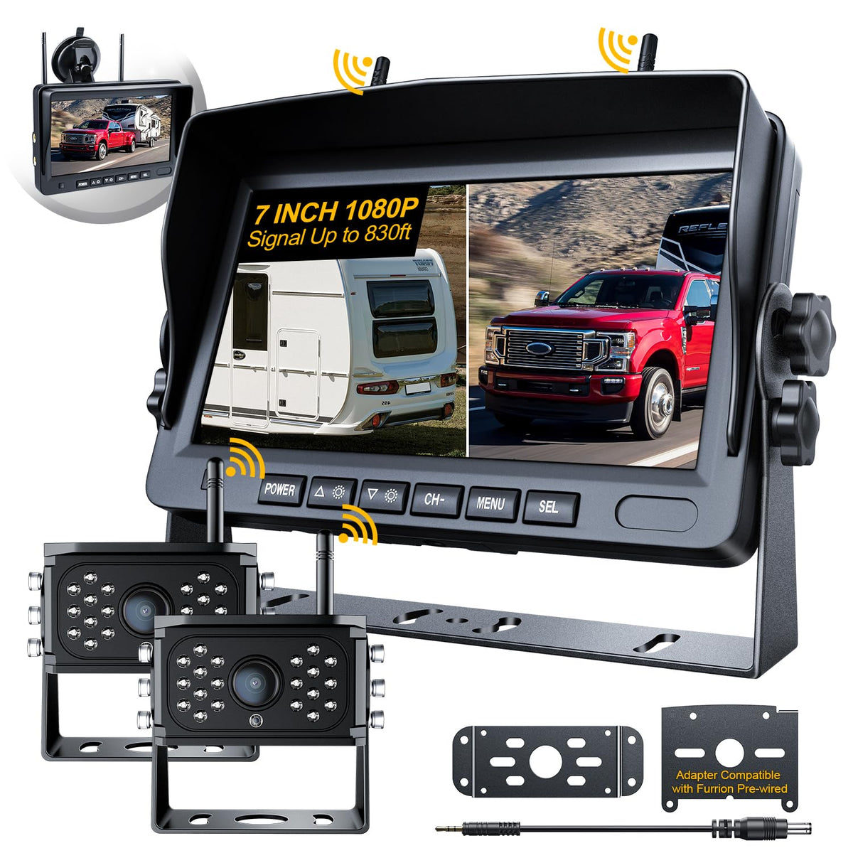 Rv Backup Camera Wireless Hd 1080P 7 Inch Monitor With Two Cameras, Truck Camper Infrared Night Vision Reverse Cameras Adapter F