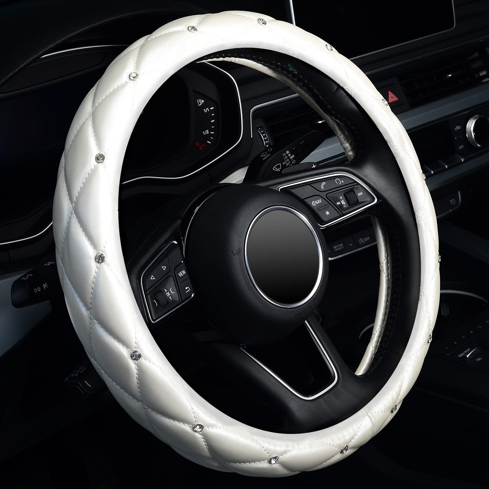 Kafeek Diamond Soft Leather Steering Wheel Cover With Bling Bling Crystal Rhinestones, Universal 15 Inch,Cream White