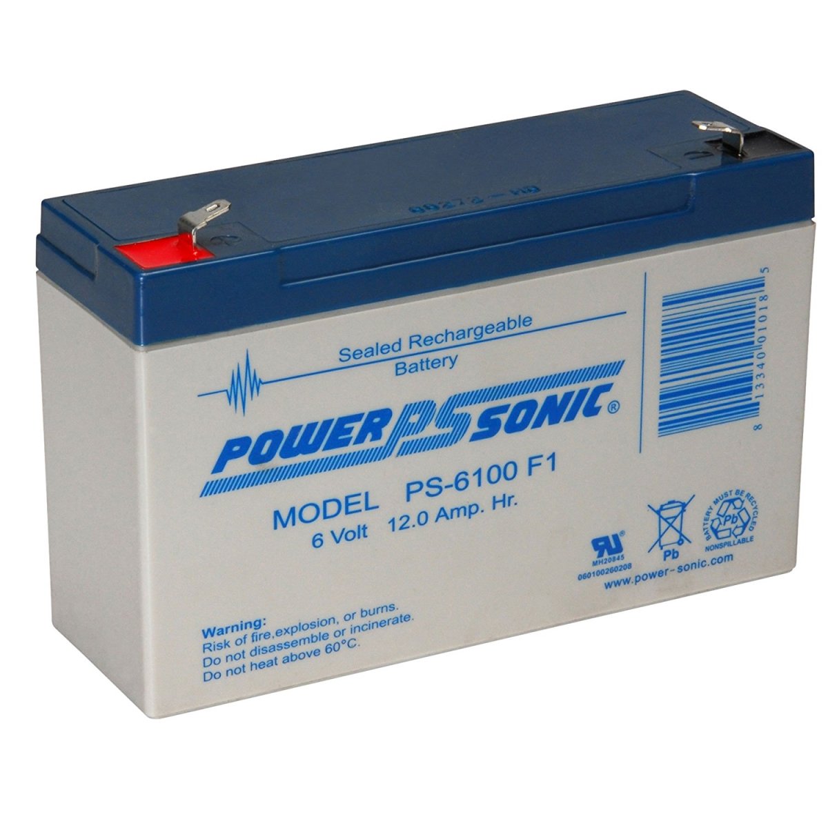 Power Sonic Ps6100F1 6 Volt 12Ah Sealed Lead Acid Battery F1 Terminal
