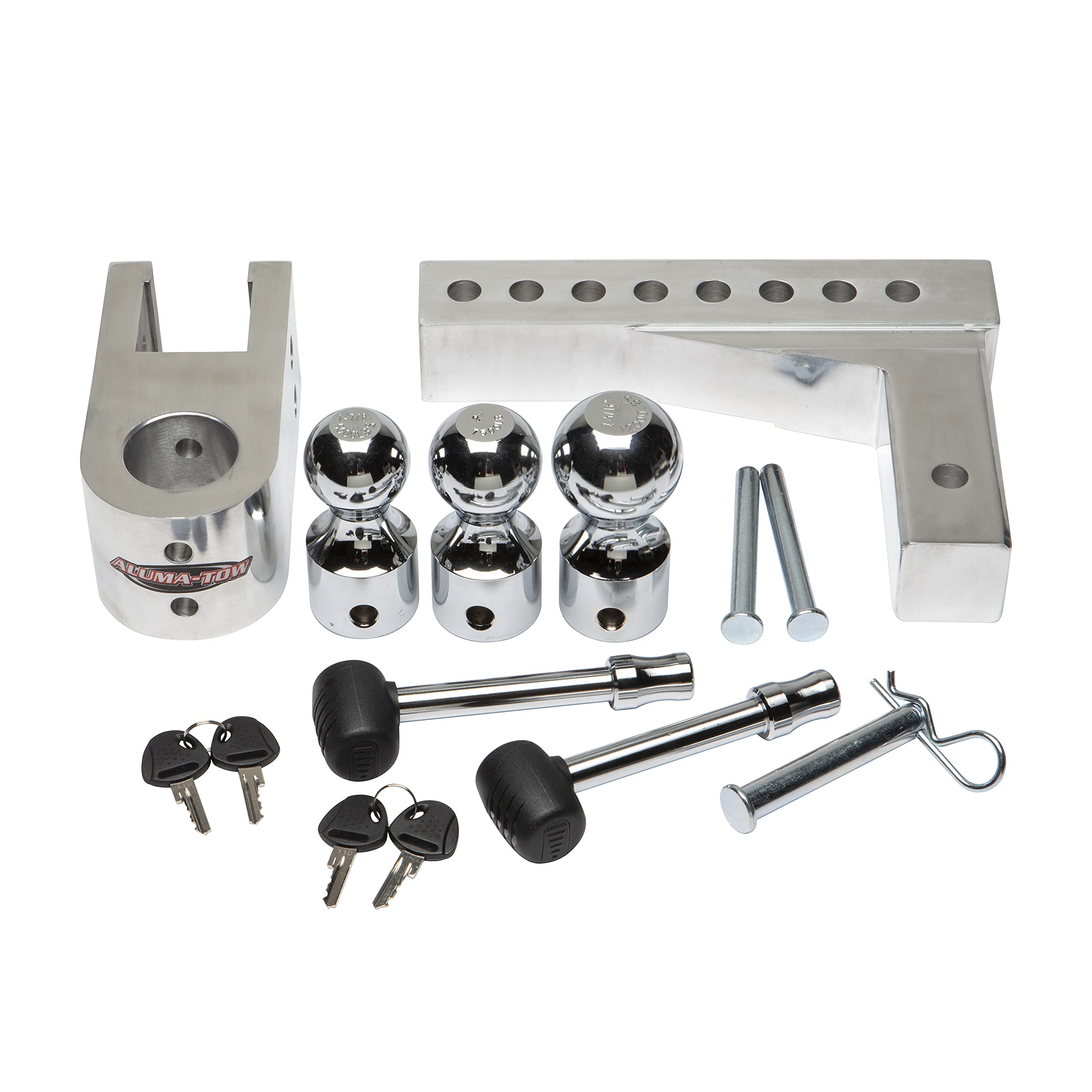 Uriah Products 8 Inch Drop Adjustable Aluminum Alloy Hitch Towing Mount For Tow Truck, Car, And Trailer With With Interchangeable Steel Hitch Balls