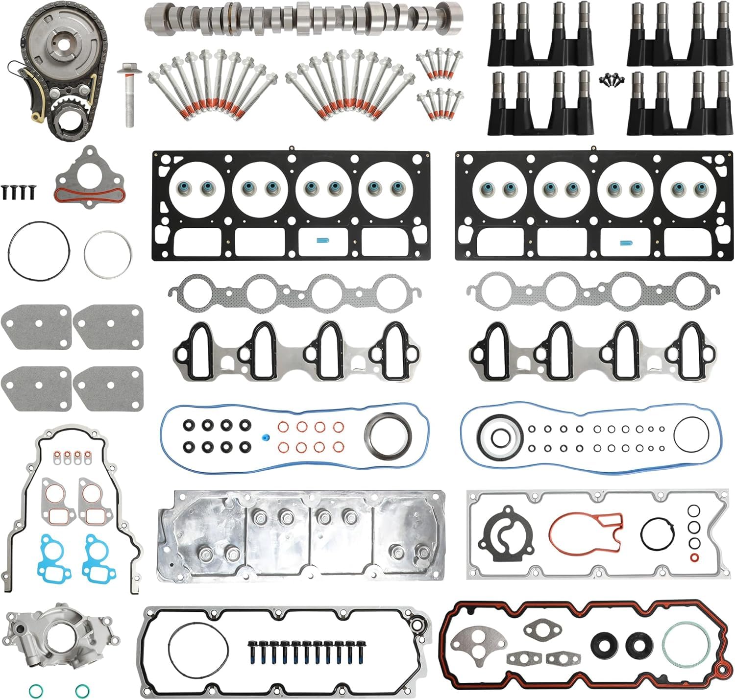 5.3L Non AFM/DOD Disabled Camshaft Lifters Kit Head Gasket Set w/Head Bolt Timing Chain Kit Oil Pump for Chevrolet Avalanche Sil