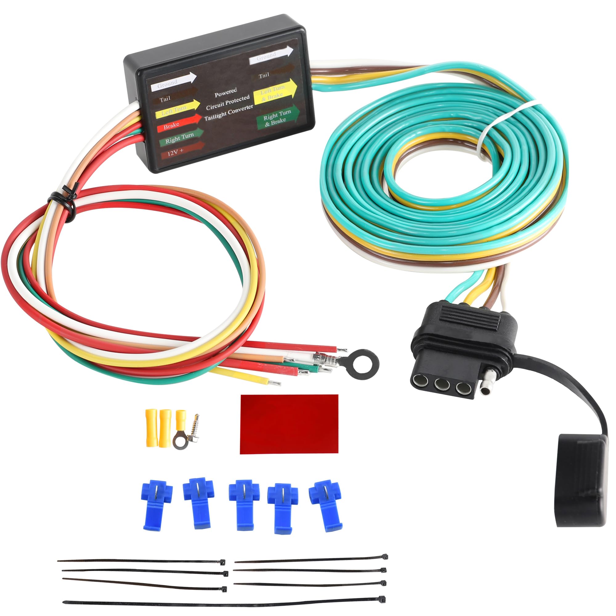 Oyviny LED Compatible Powered 3-to-2-Wire Splice-in Trailer Tail Light Converter with 4 Wire Flat Extension, 6-Wire System to 4-