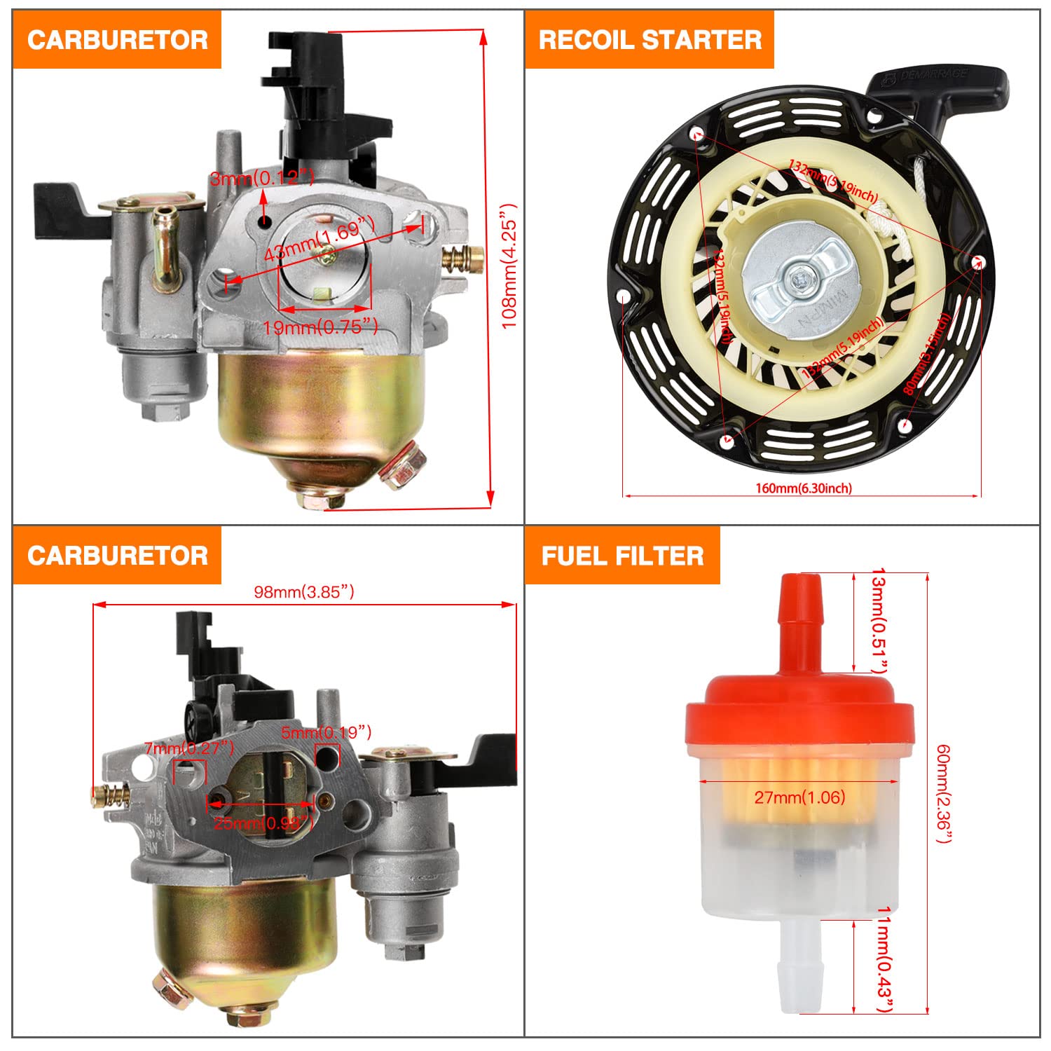 Fvrito Pull Recoil Starter Carburetor Carb For Predator 212Cc 196Cc 6.5Hp Baja Massimo Mb165 Mb200 Coleman Ct200U Trail Bt200X Mini Bike Hummerhead 80T Trailmaster Mid Xrs Xrx Motovox Kt196 Go Kart