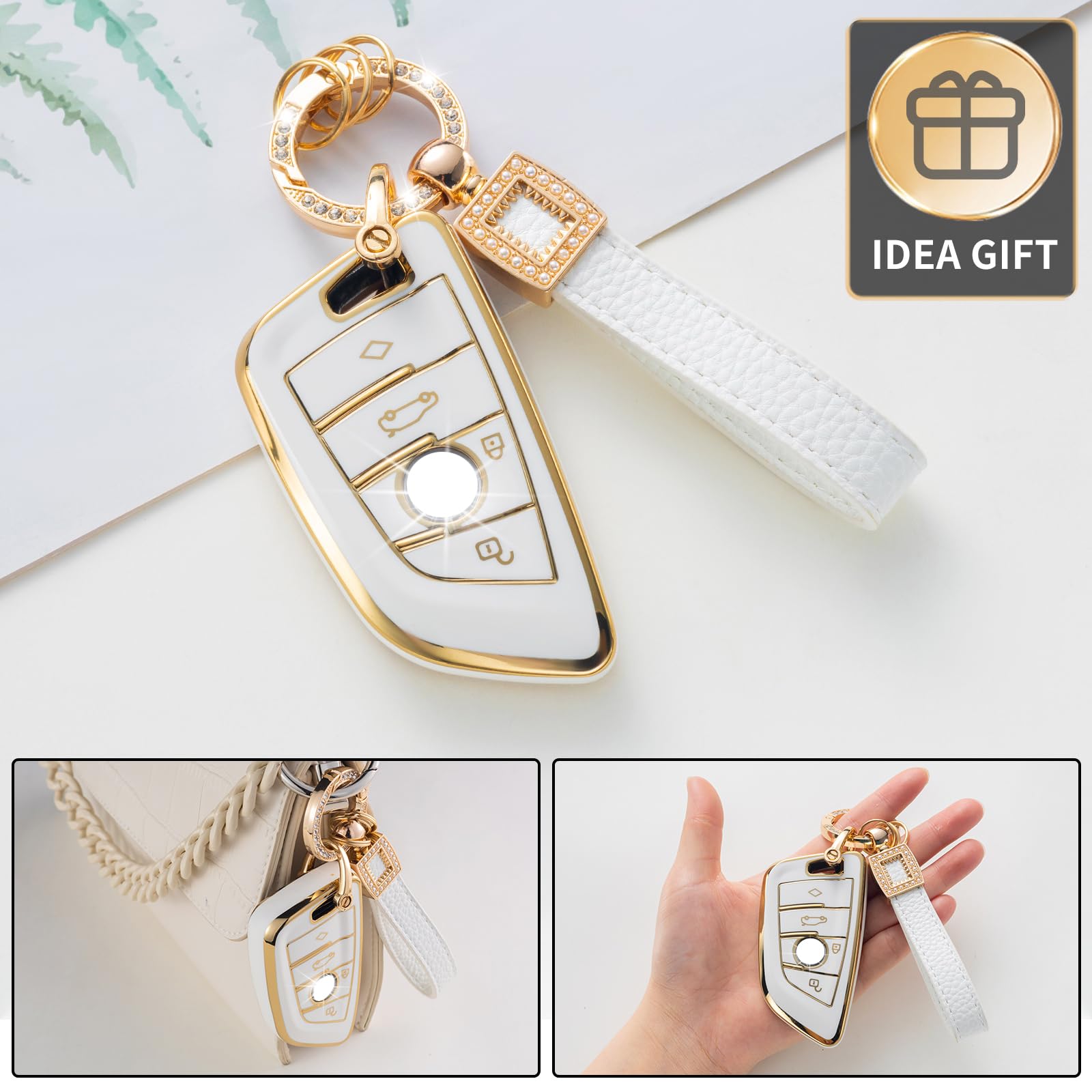 Cacarlike For Bmw Key Fob Cover With Leather Lanyard, Car Key Fob Case Compatible With Bmw X1 X2 X3 X5 X6 2 5 6 7 Series 3 4 But