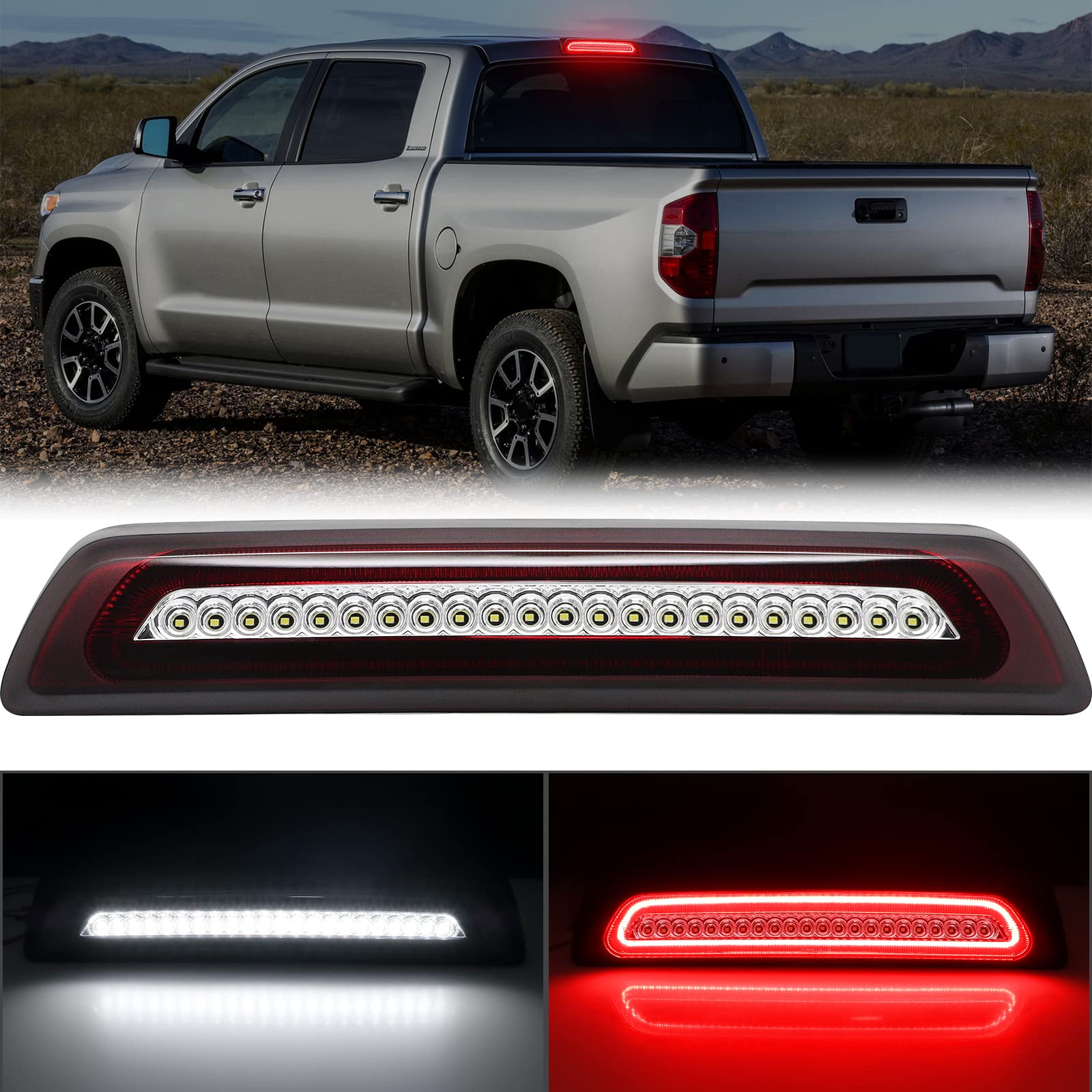 R&F Auto F1 Style Strobe Led Third Brake Light Replacement For Tundra 2007-2021 Pickup Trucks White Roof Cargo Light High Mount Stop Lamp Chmsl Red White Lens, Replace Oem# 81570-0C050, 81570-0C051