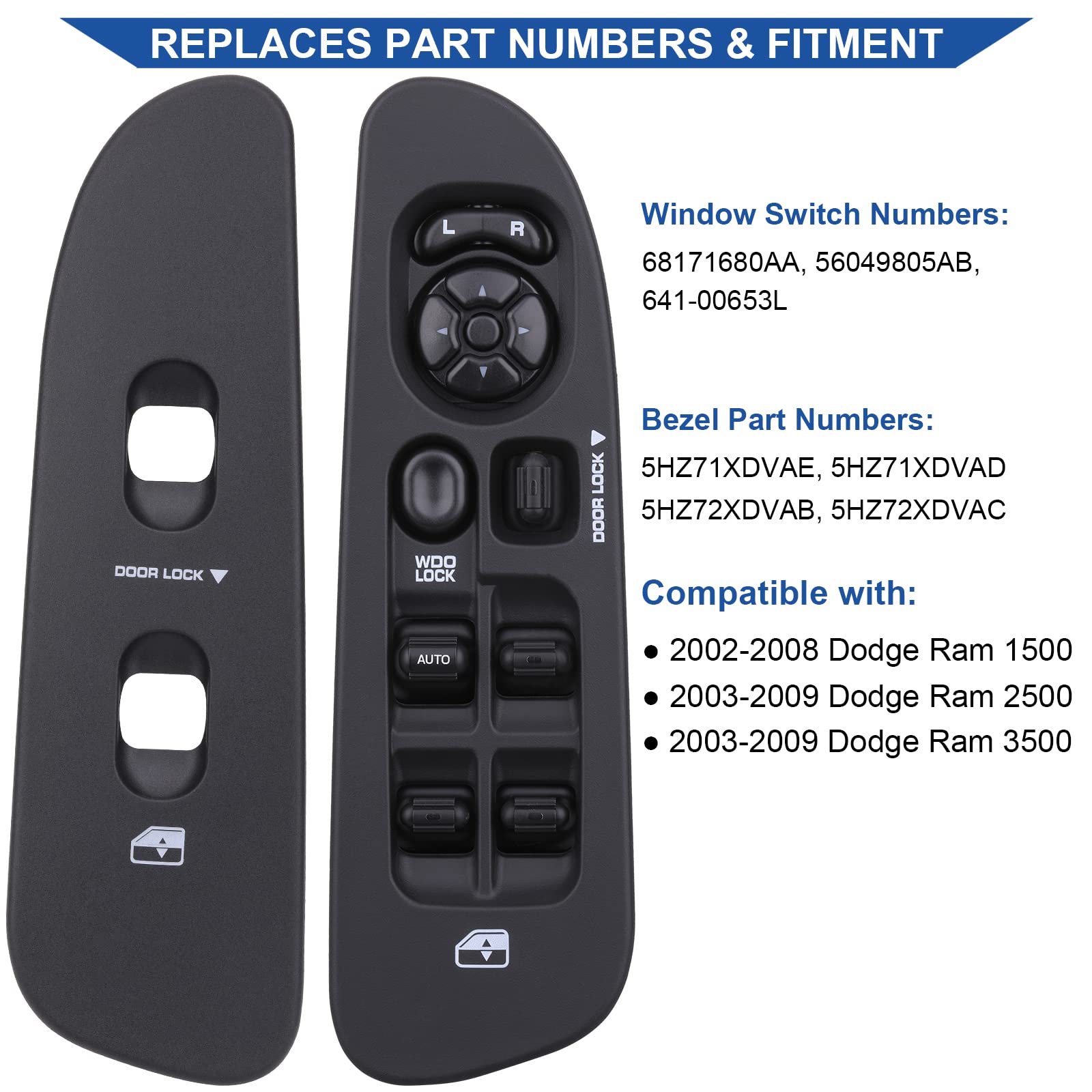 Obaee Power Window Control Switch Button&Bezel(Driver Side)& Window Bezel(Passenger Side) Compatible With 2002-2009 Dodge Ram 1500/2500/3500, Black