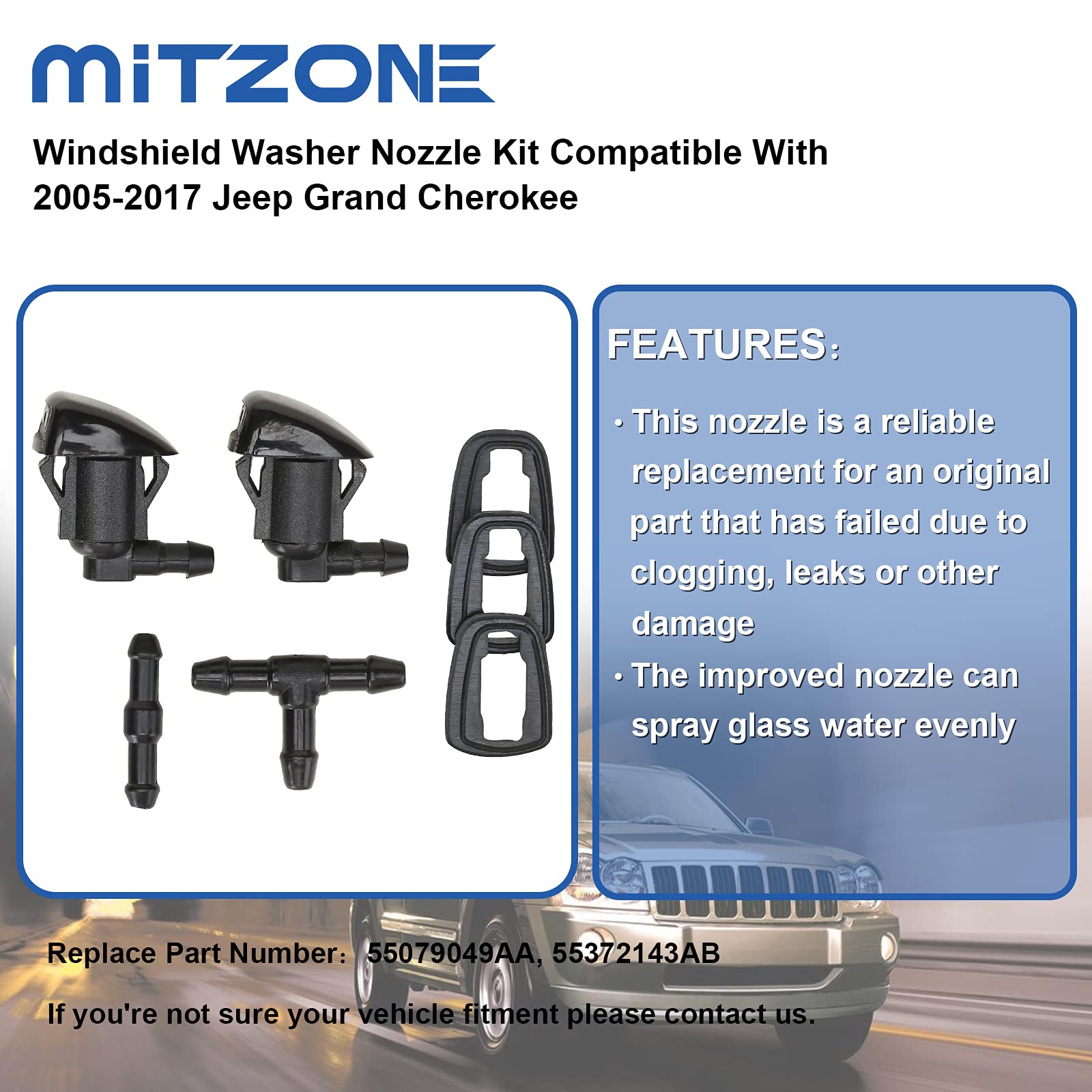 Mitzone Windshield Washer Nozzle Kit Compatible With 2005-2017 Jeep Grand Cherokee Replace 55079049Aa