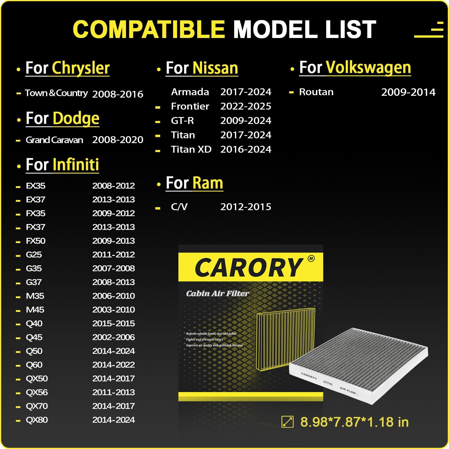 Cabin Air Filter w/Activated Carbon for Nissan, INFINITI, Chrysler, Dodge, VW Select Models - Armada, Frontier, GT-R, Titan, Tit