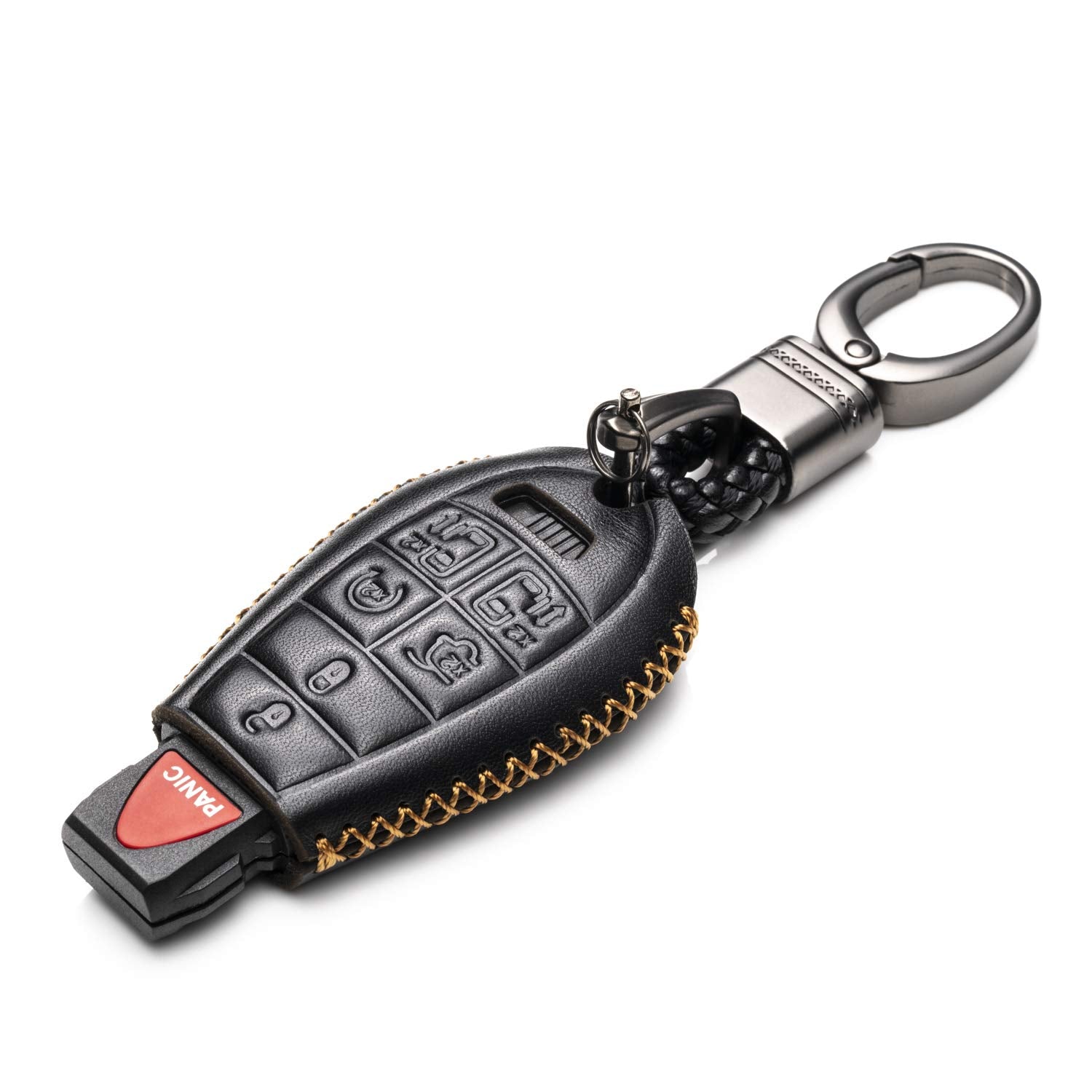 Vitodeco Genuine Leather Smart Key Fob Case Cover Protector With Leather Key Chain Compatible For 2008 - 2020 Dodge Grand Carava