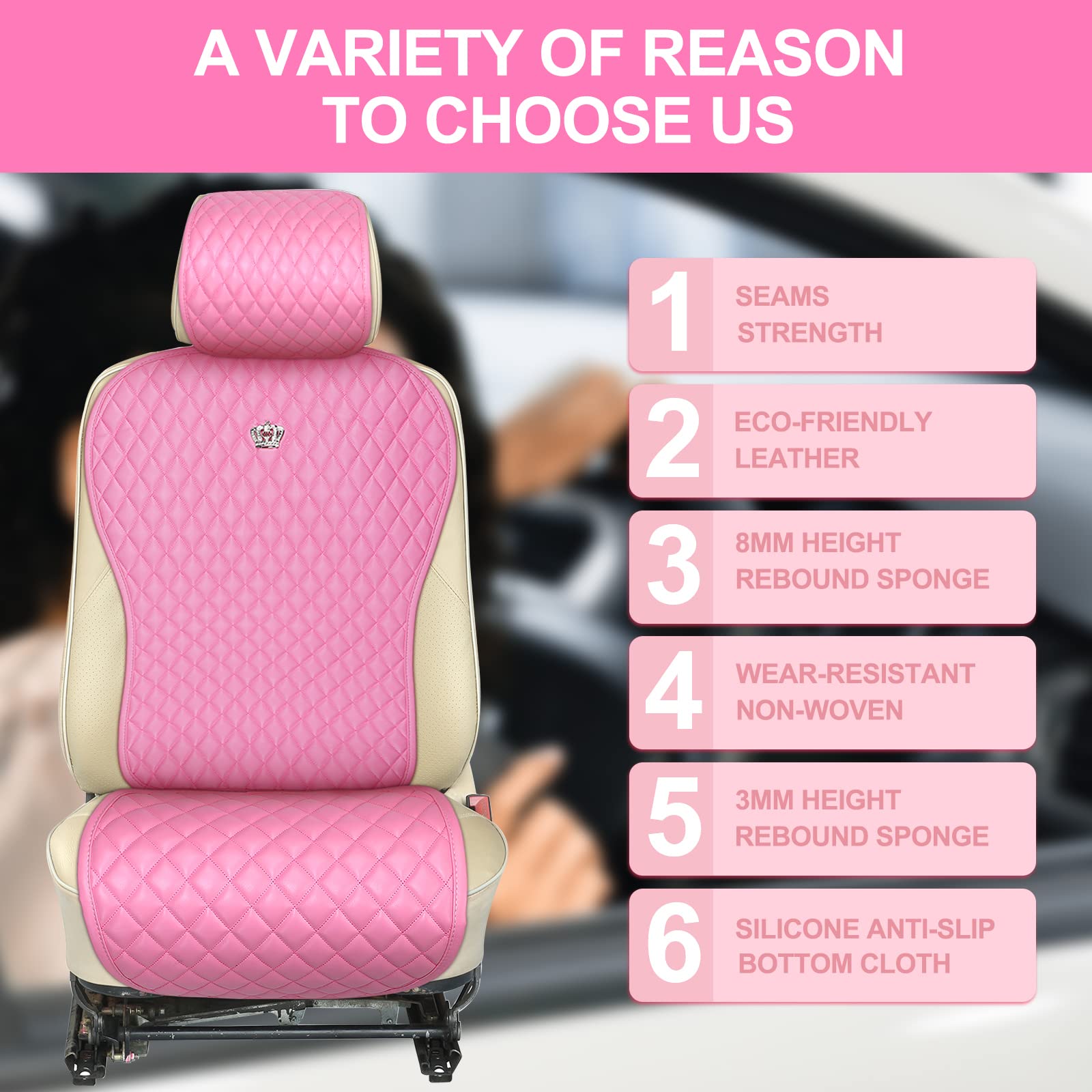 Tallew Pink Car Accessories Set Car Seat Covers Full Set Steering Wheel Cover Headrest Cover With Center Console Pad Cup Holders
