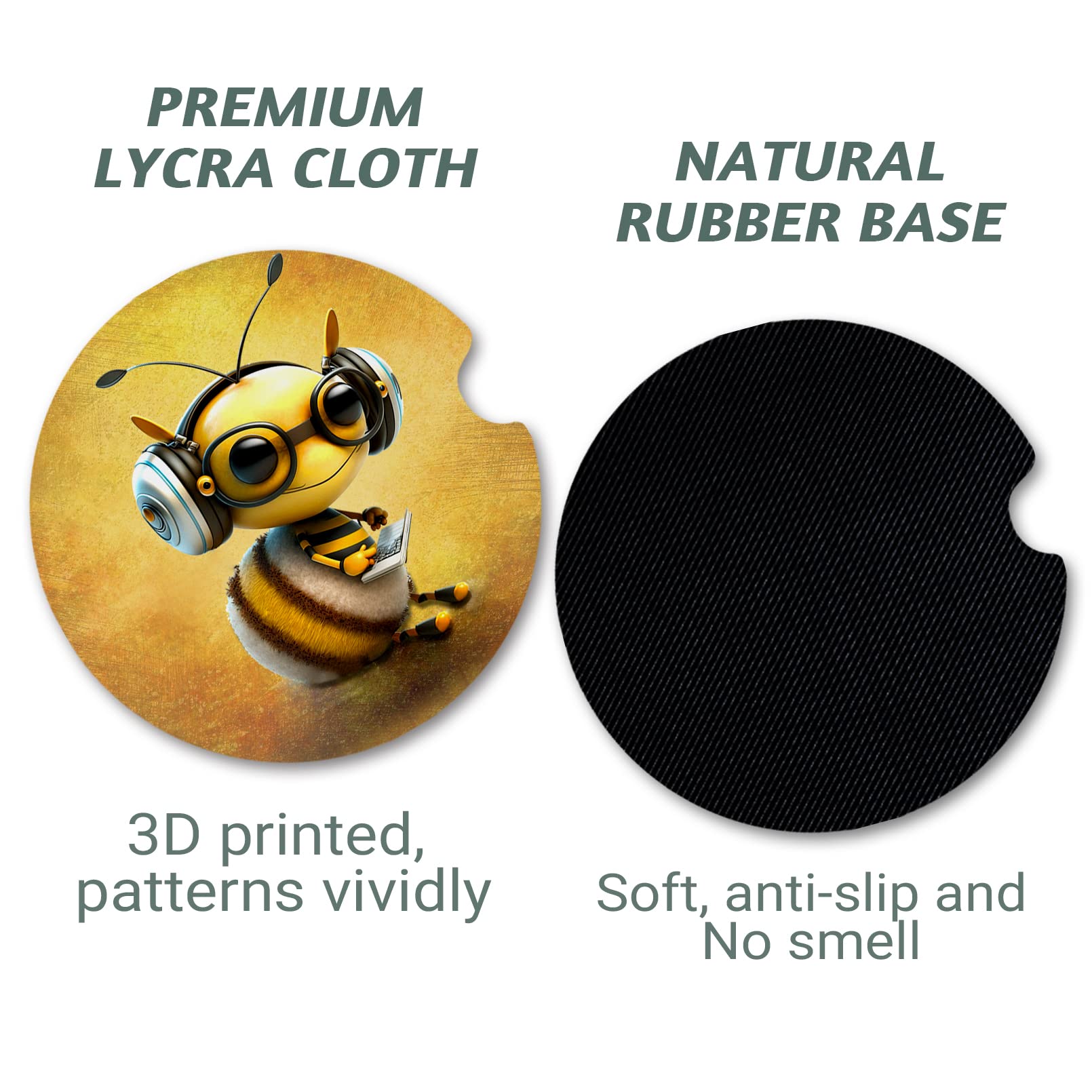 Bee Car Coasters - Anti Slip Rubber Mat With Finger Notch, 2 Pack For Car Cup Holders, Cute Interior Accessories
