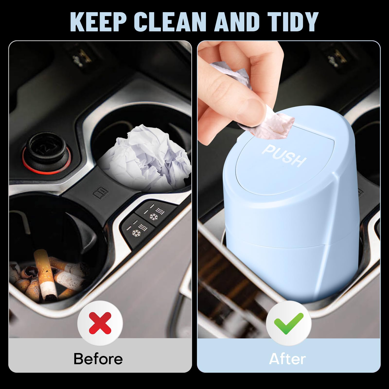Car Trash Can Bin With Lid-2 Packs Car Garbage Can Cup Holder-Light Blue Mini Leakproof Vehicle Trash Garbage Can Bin With 40Pcs