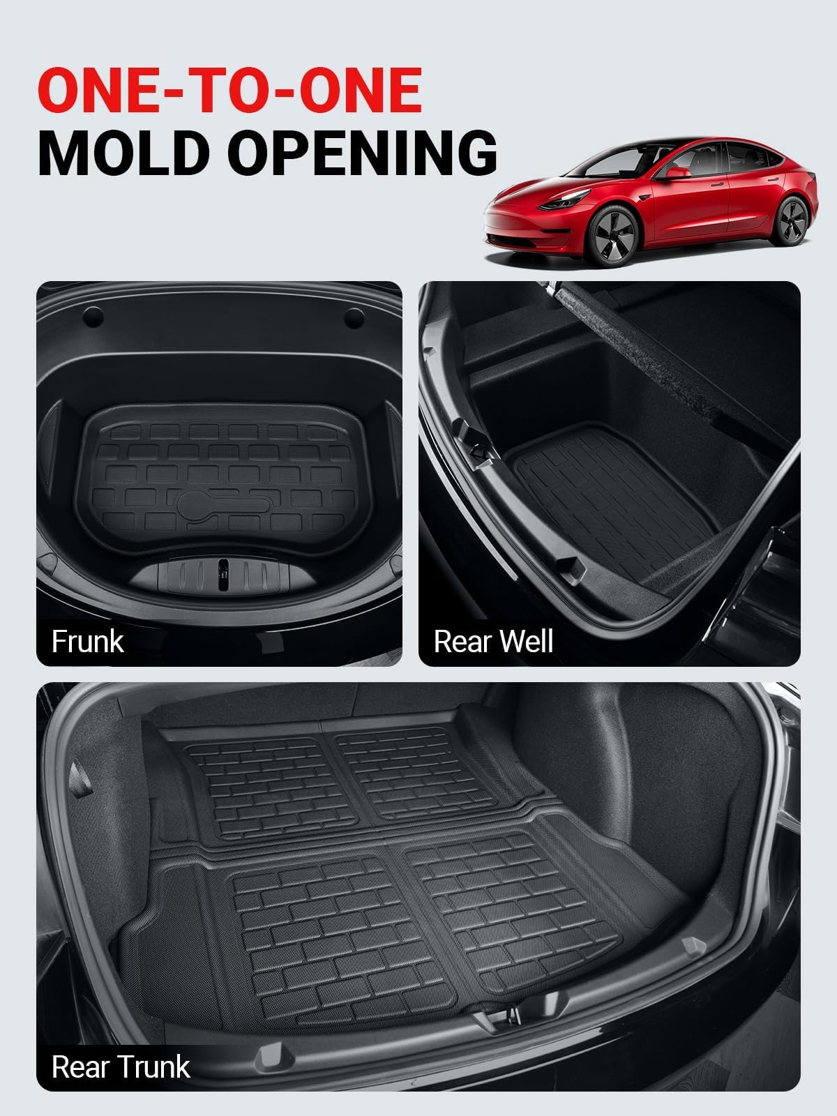 Basenor 6Pcs Floor Mats For Tesla Model 3 All-Weather Full Set Mats Anti-Slip Cargo Liner 3D Rear Cargo Tray Trunk Mat Car Mats
