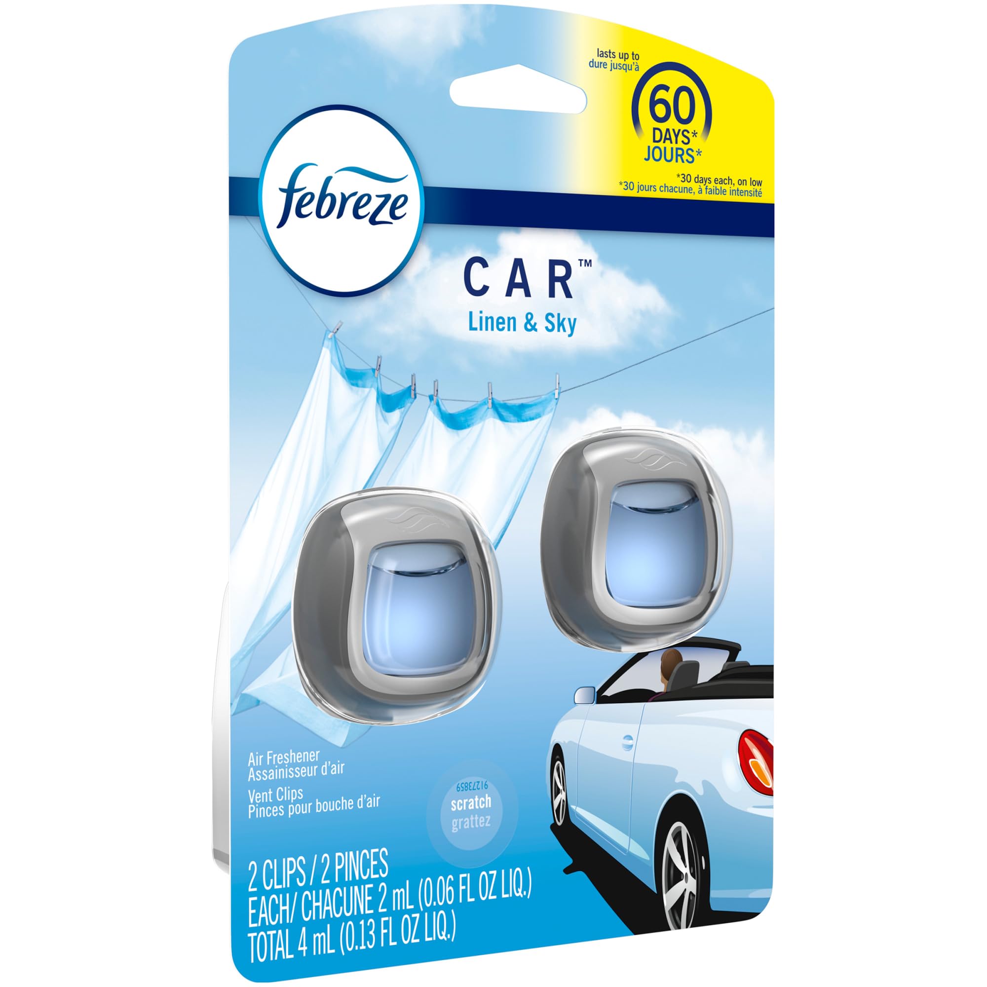 Febreze Car Air Freshener Vent Clip Linen & Sky Scent, .06 oz. Car Vent Clip, 2 Count