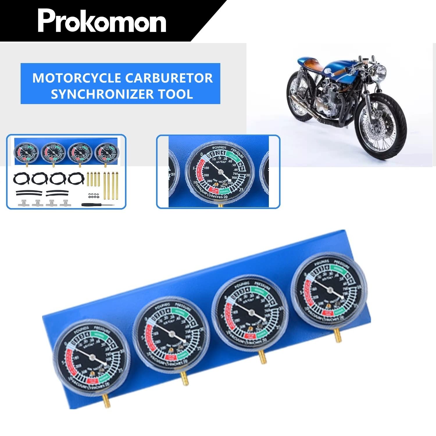 Prokomon Motorcycle Carburetor Synchronizer Tool - 4 Gauge Vacuum Carb Sync for 2 or 4 Cylinder Engines