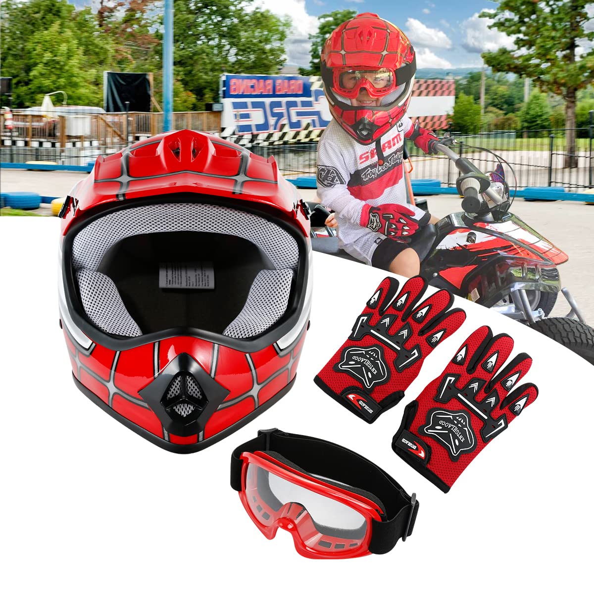 SLMOTO Youth Motocross Helmet X-Large Red Spider Design with Goggles & Gloves