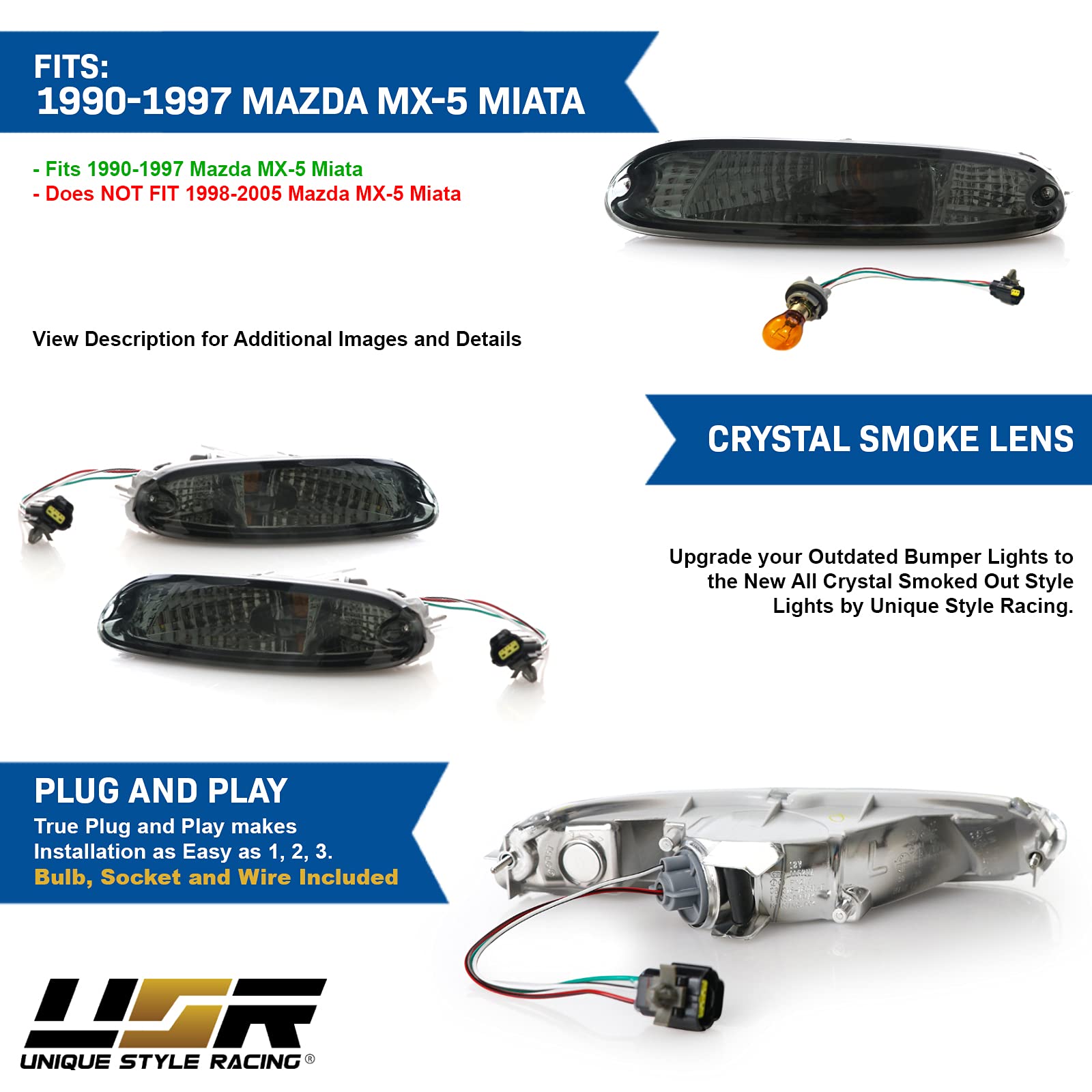 Usr Depo 90-97 Mx-5 Signal Lights - Jdm Crystal Style Front Bumper Turn Signal Lamps Set (Left + Right) Compatible With 1990-1997 Mazda Mx5 Mk1 Miata (Jdm Crystal Style All Smoked Out Lens)