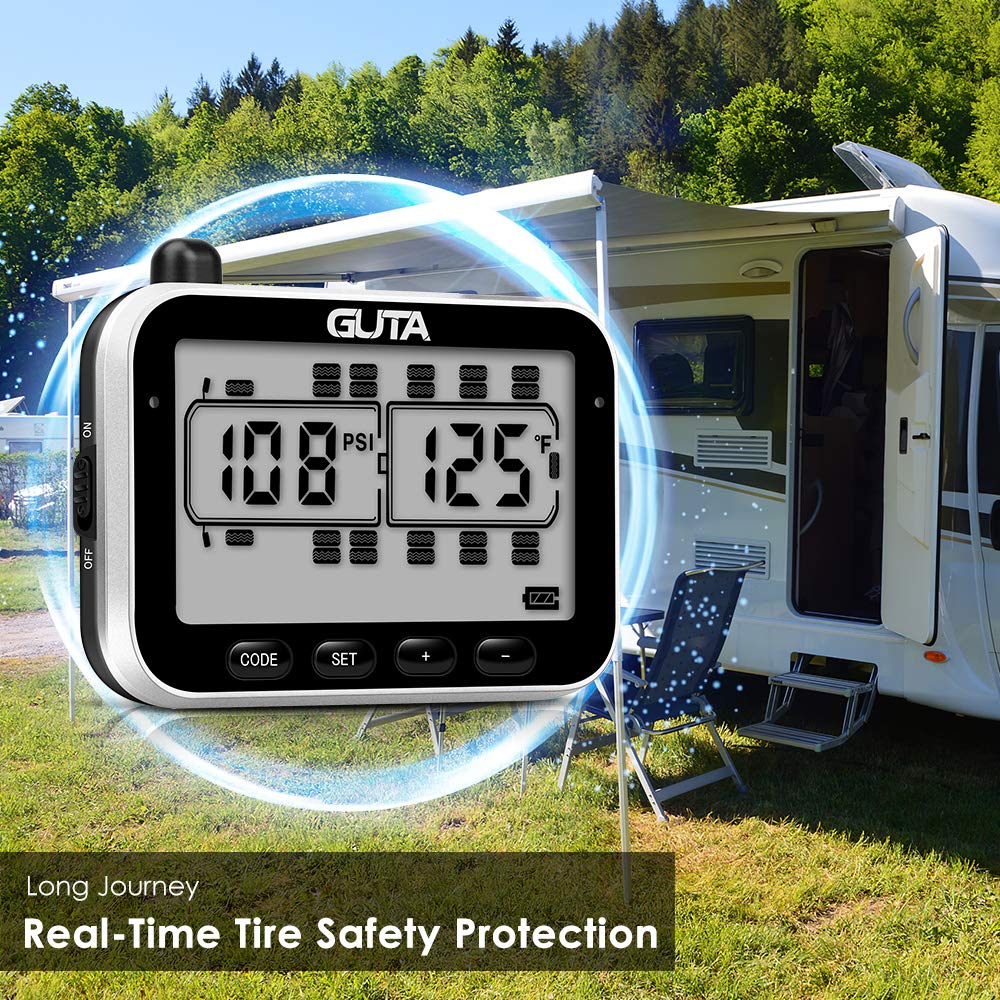 Guta Rv Tire Pressure Monitoring System, Rv Tpms, 6 Sensors, 7 Alarm Modes, 14 Days Battery Life, 80Ft Sensing Distance, Large S