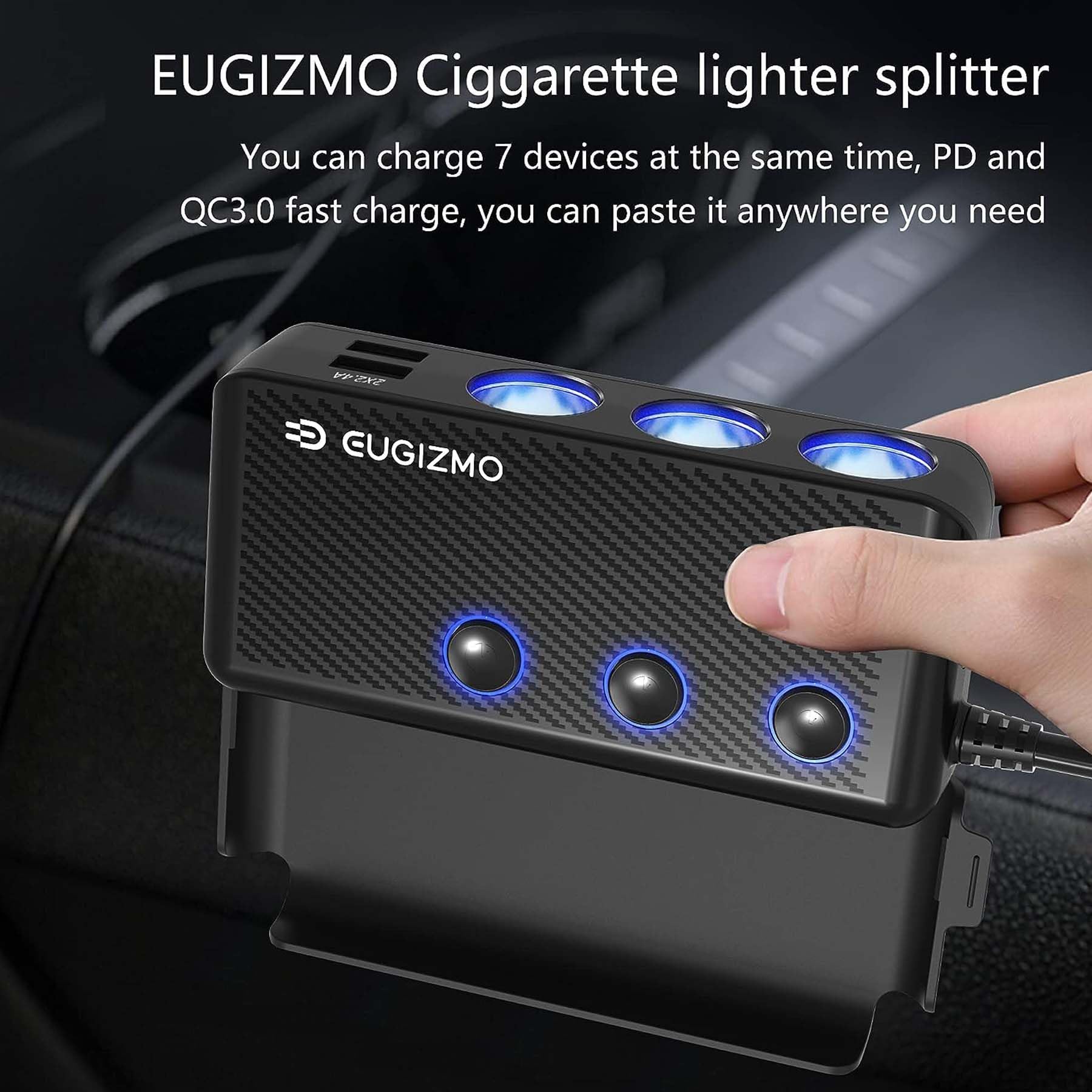 Eugizmo Cigarette Lighter Plug Splitter, 3 Socket 200W Car Cigarette Lighter Adapter Usb Charger Extension Cord Multi Port Power