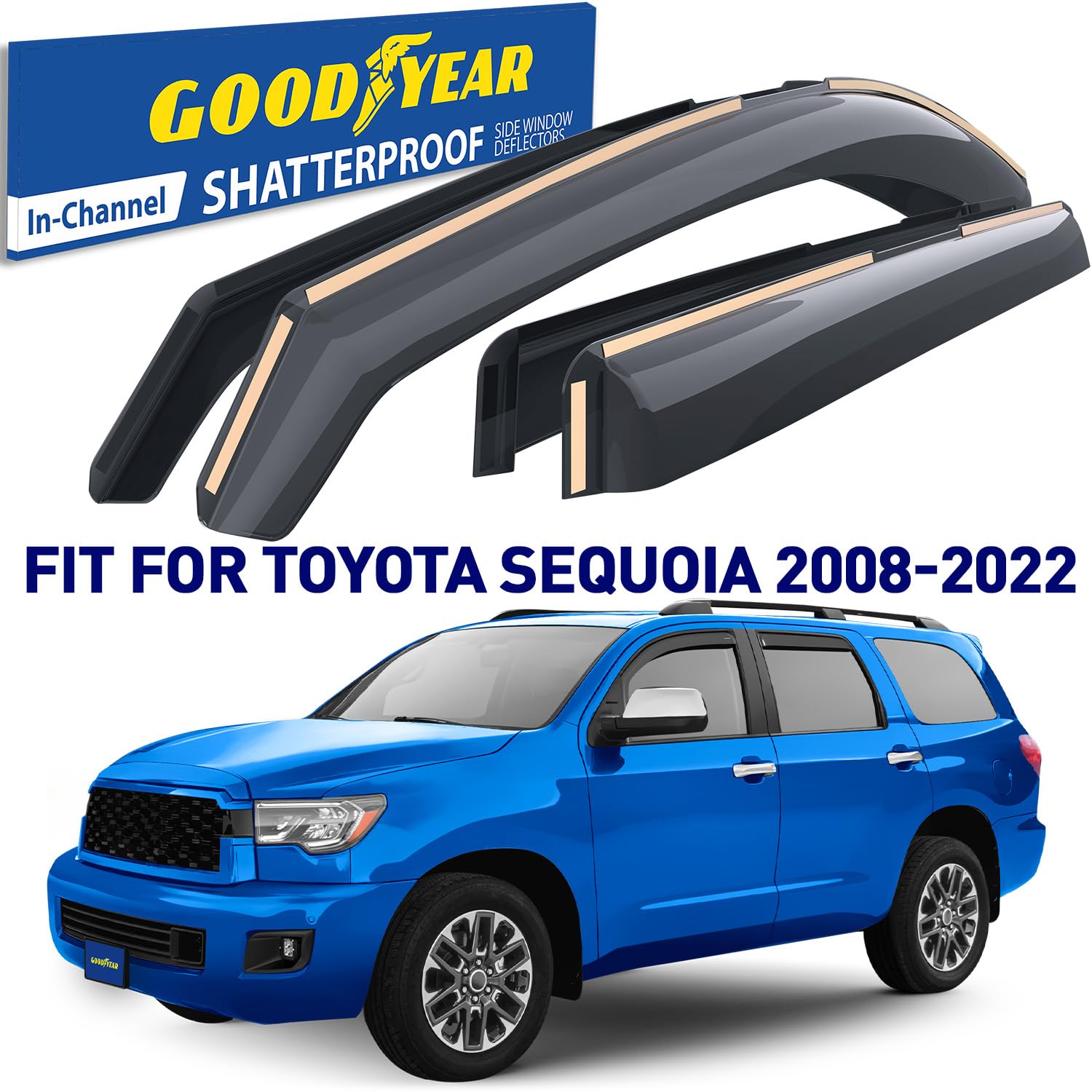 Goodyear Shatterproof In-Channel Window Deflectors For Toyota Sequoia 2008-2022, Rain Guards, Window Visors For Cars, Vent Defle