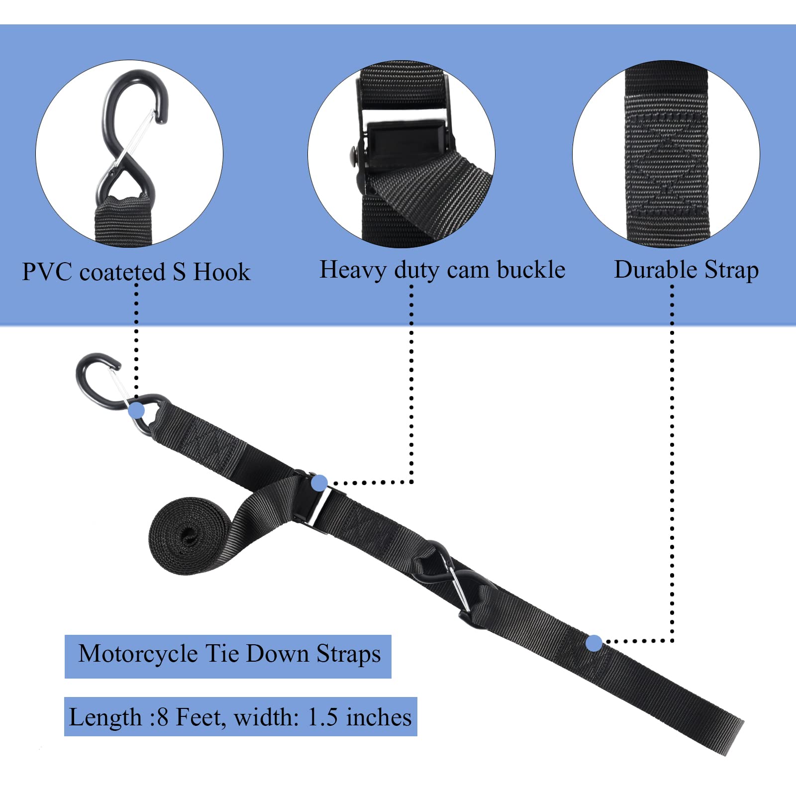 Motorcycle Handlebar Tie Down Straps, Dirt Bike Straps, Short Cam Buckle Tie Down Straps with S Hook and Soft Loops for Boat, Ka