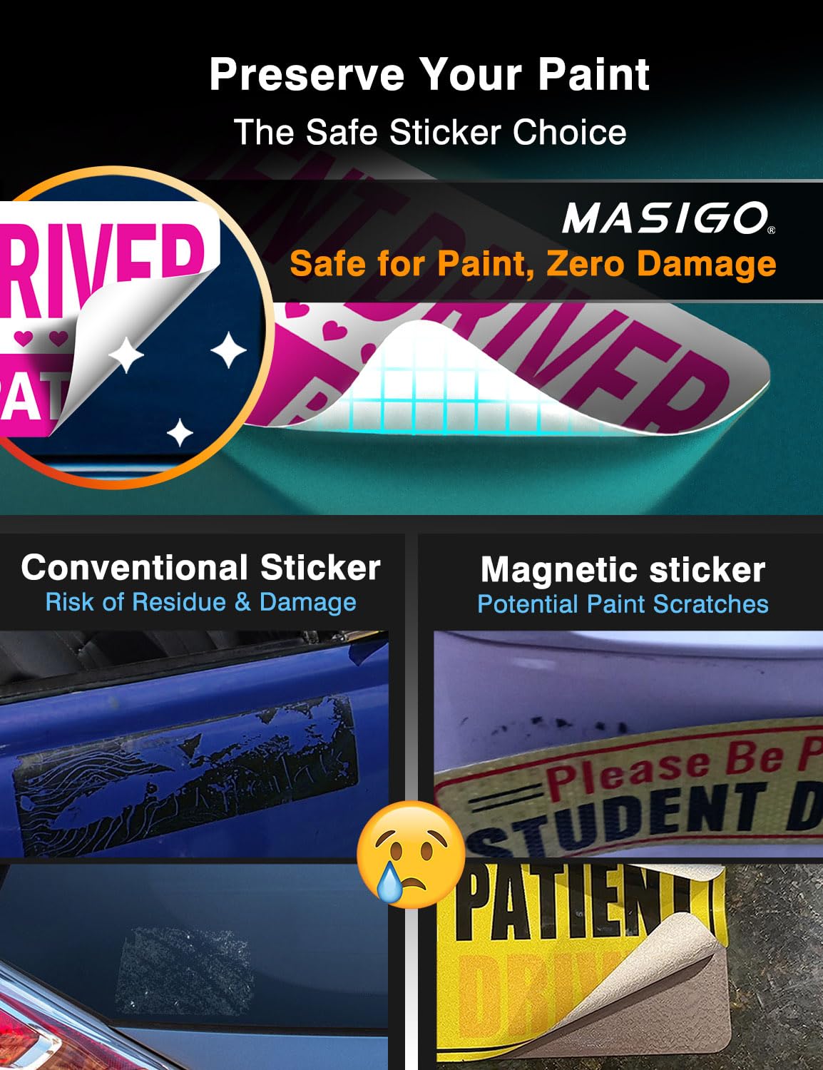 Student Driver Stickers (Non-Magnet) - Reusable, Reflective New Driver Sign For Car Bumper & Windows, Scratch-Free, Weather-Resi