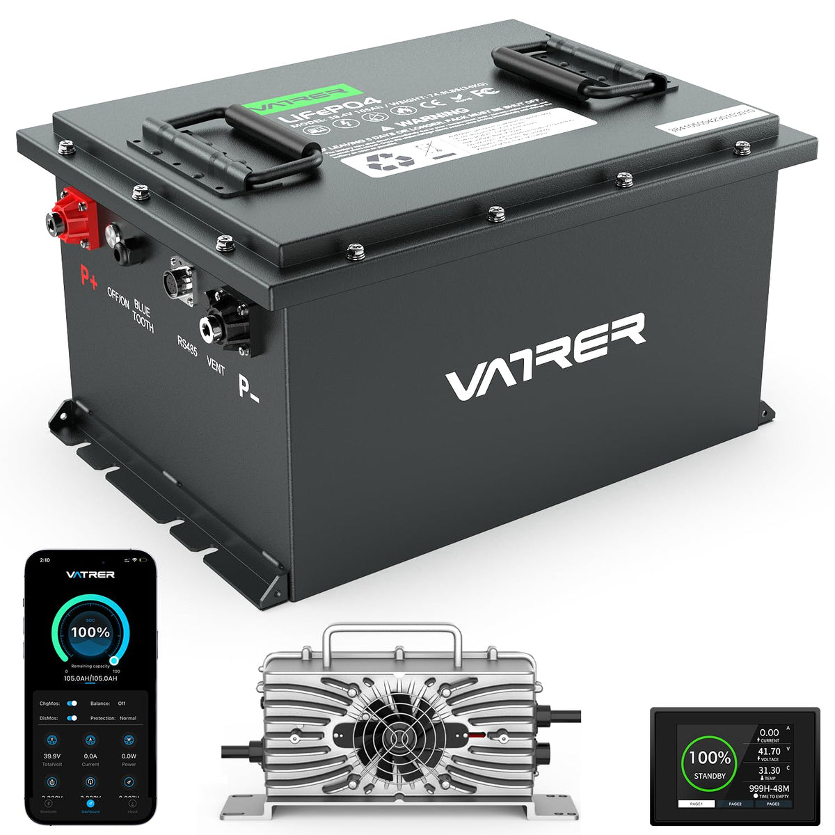 Vatrer Power 36V 105Ah Lifepo4 Golf Cart Battery, Built-In Smart 200A Bms, With Touch Monitor & Mobile App, 4000+ Cycles Recharg