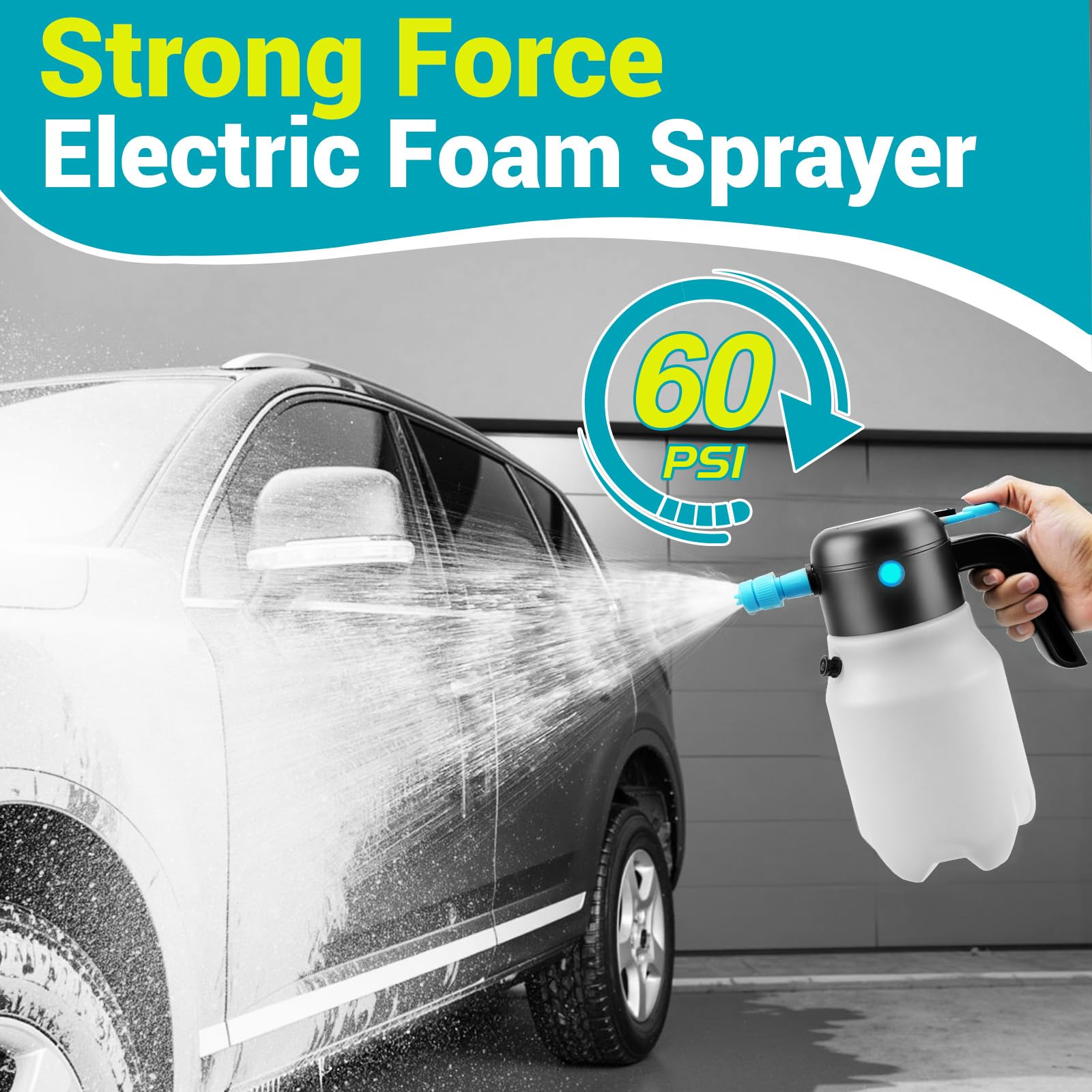 Electric Foam Sprayer Car Wash, 60PSI Foam Sprayer Auto Pressurized with 2 Nozzles(Foam/Water Stream), Built-in 7.4V Pump, 2x200