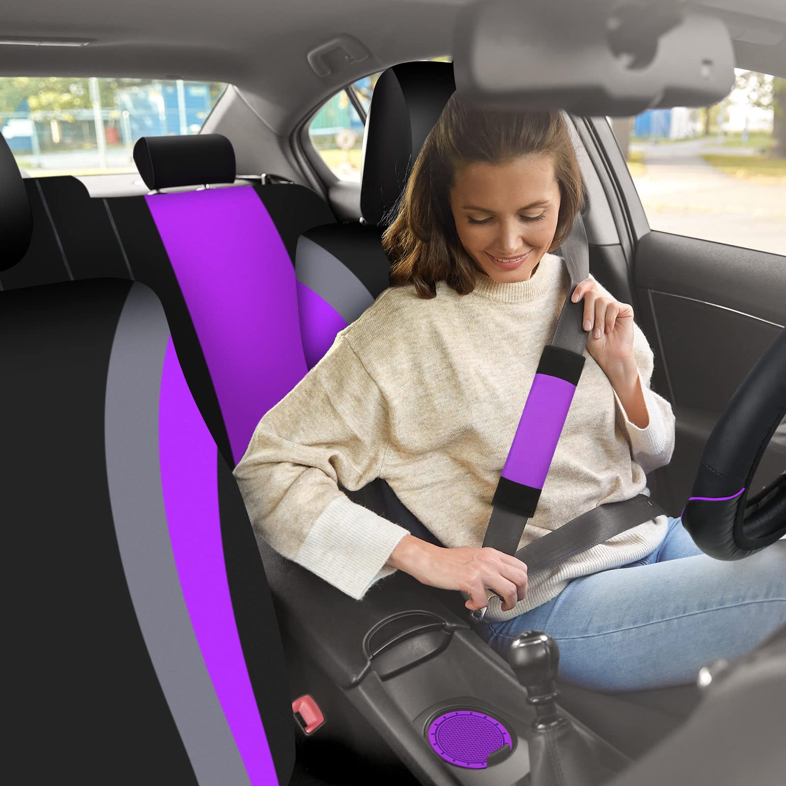 Sinmoe 17 Pcs Car Seat Covers Full Set, Steering Wheel Cover Center Console Pad Armrest Cover Seat Safety Belt Pad Seatbelt Cove