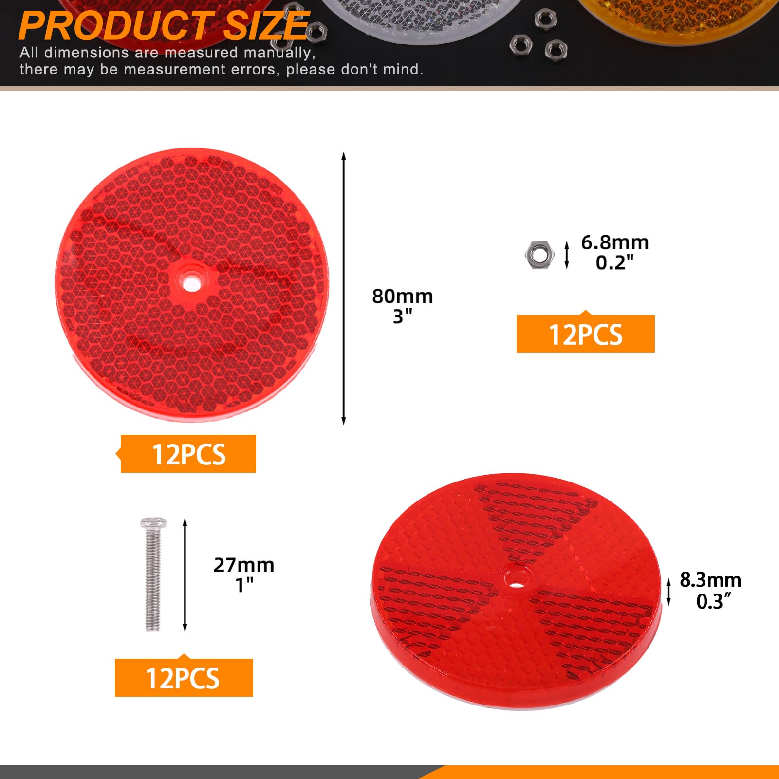 Rustark 12Pcs Red Front Reflector Round Reflector with 24Pcs 304 Mounting Bolts and Nuts Plastic Reflective Waterproof Safety Wa