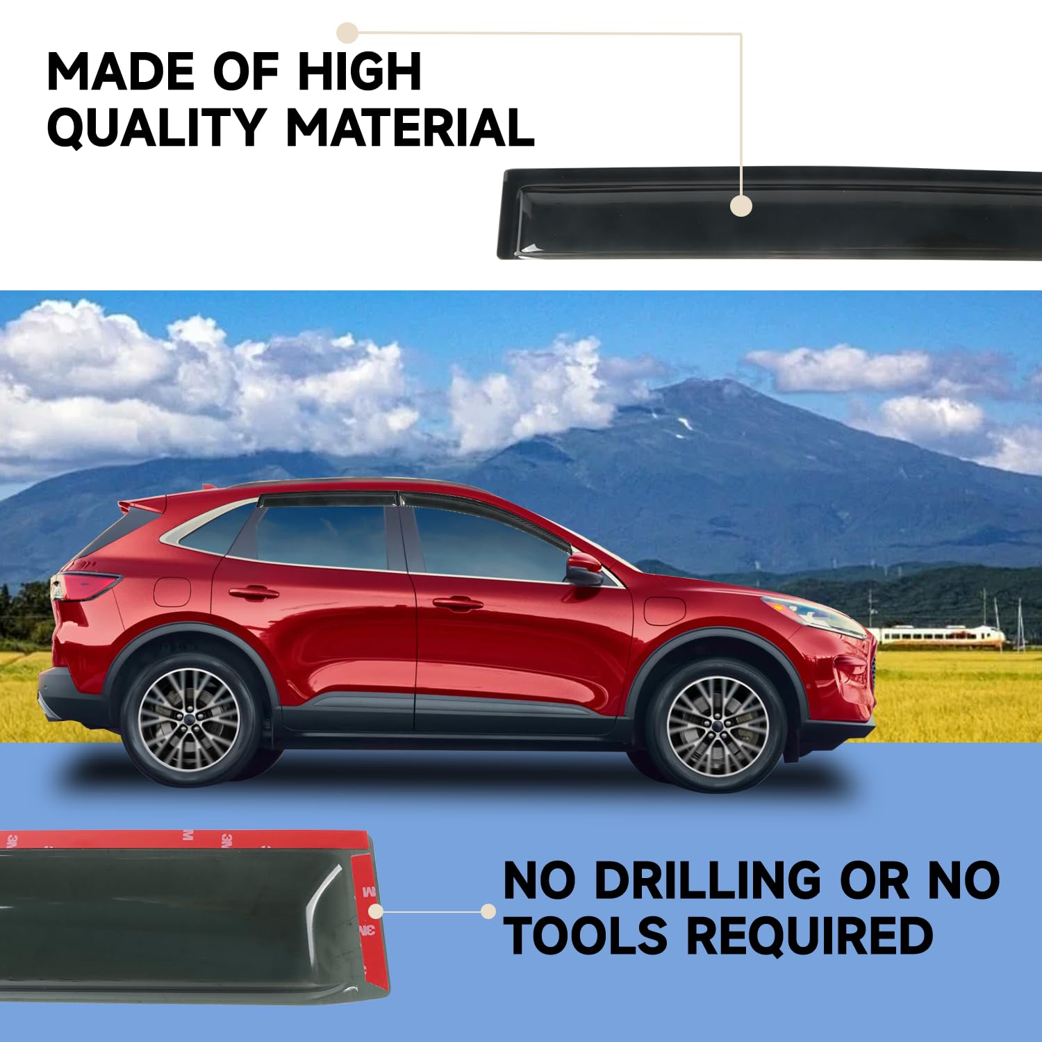 Rain Guards Fit for 2013-2019 Ford Escape, Tape-On Window Visors Shield, Smoke Tinted Vent Guard Deflector, Outside Mount Vent V