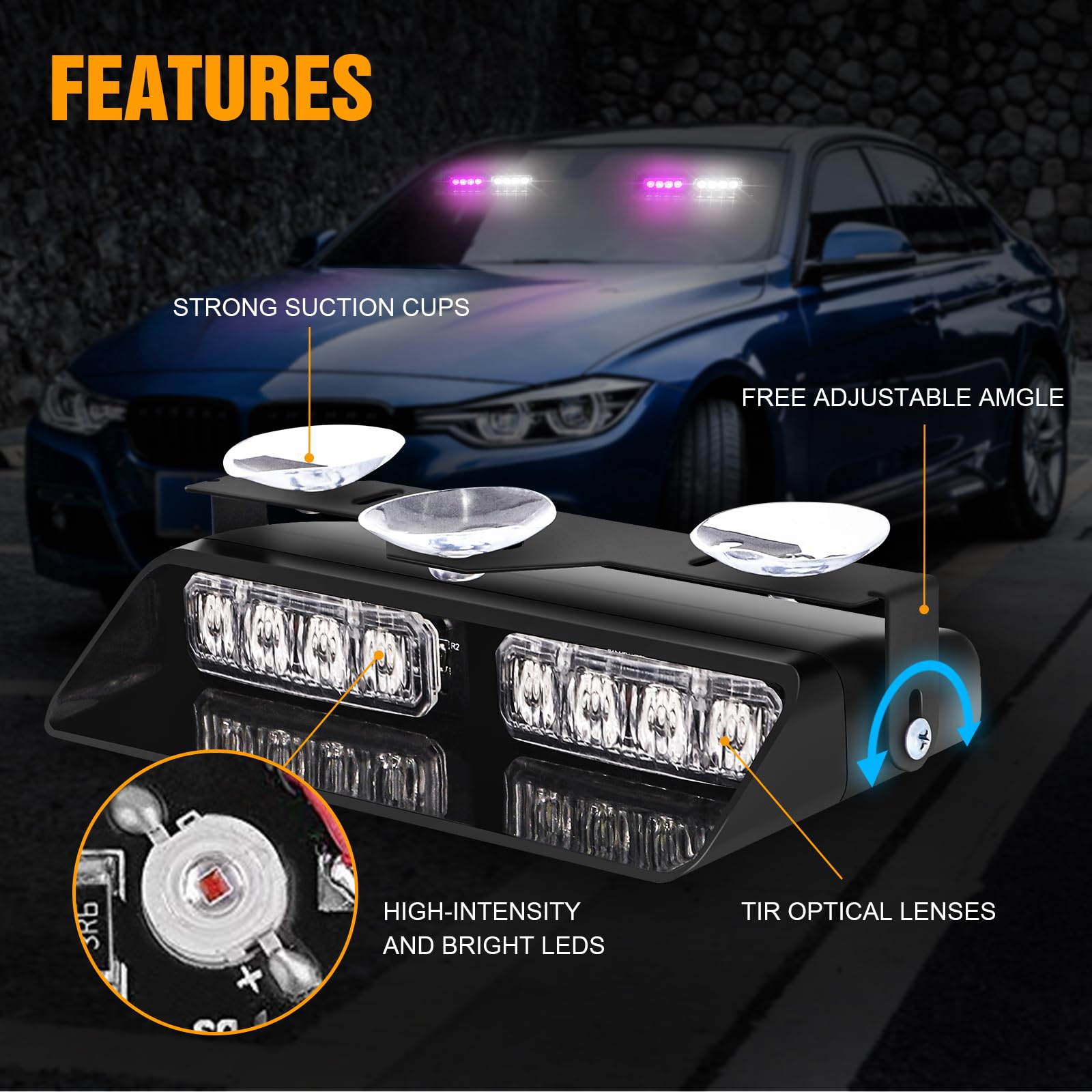 Xridonsen 2 In 1 Emergency Dash Strobe Lights Purple White Interior Front/Rear Windshield Lights Hazard Warning Safety Flashing
