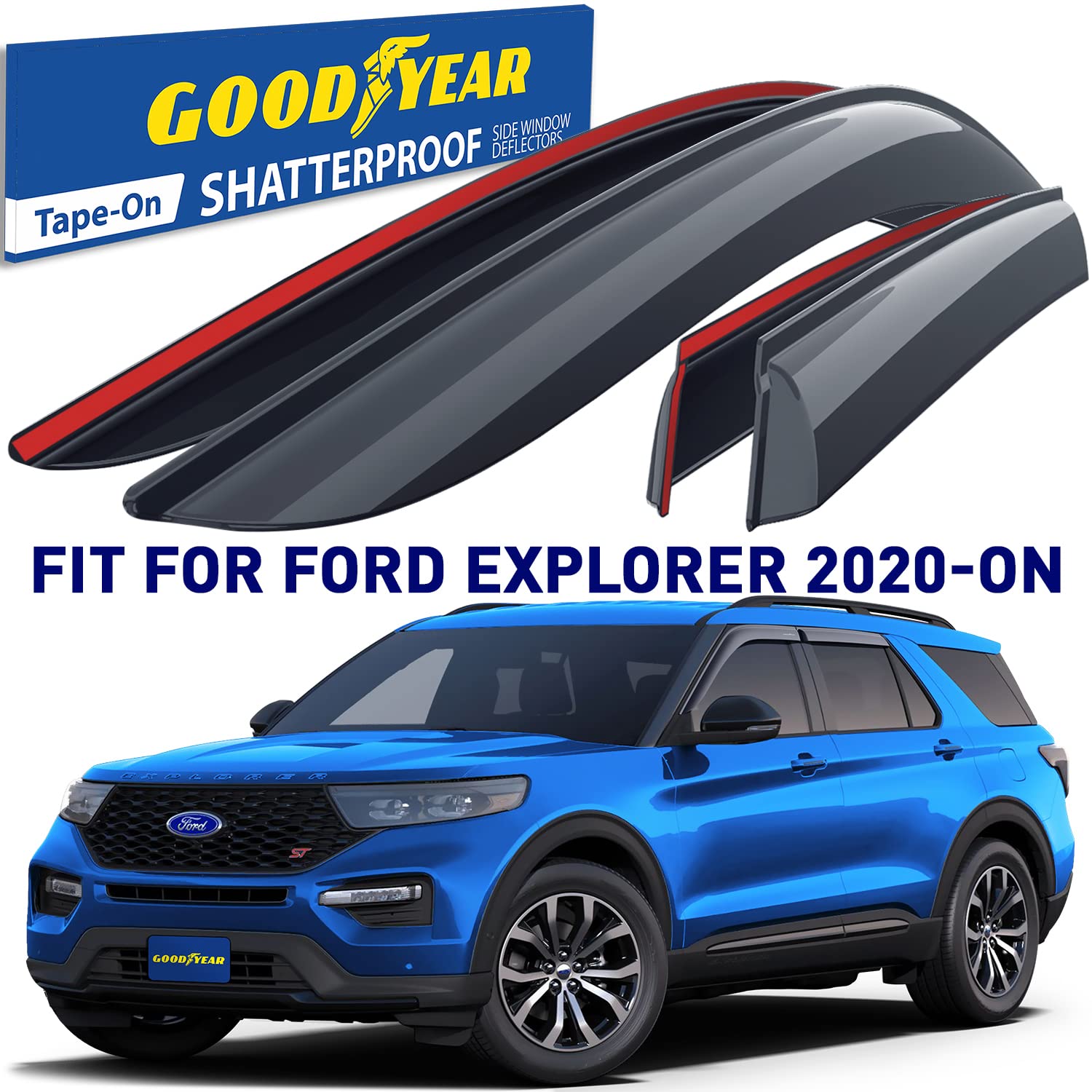 Goodyear Shatterproof Window Deflectors For Ford Explorer 2020-2024, Tape-On Rain Guards, Window Visors, Vent Deflector Visor,Car Accessories,4 Pcs. - Gy003263