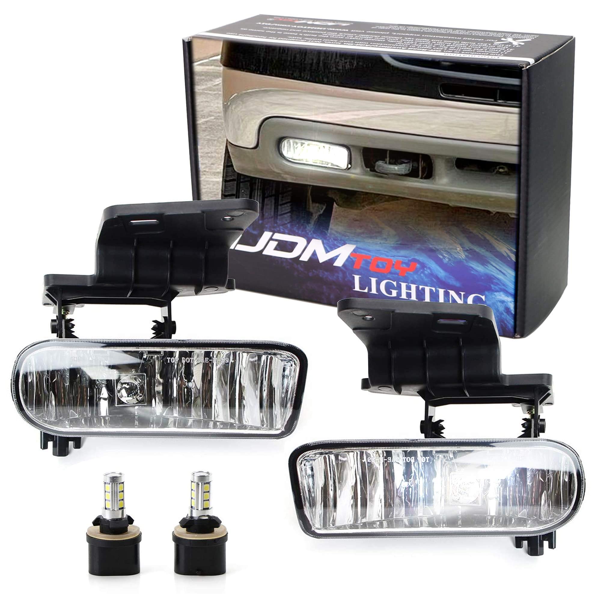 Ijdmtoy Clear Lens Xenon White Led Fog Lights Foglamp Kit W/Mounting Brackets Compatible With 1999-2002 Chevrolet Silverado 1500 2500, 2000-2001 3500, 2000-2006 Suburban Tahoe